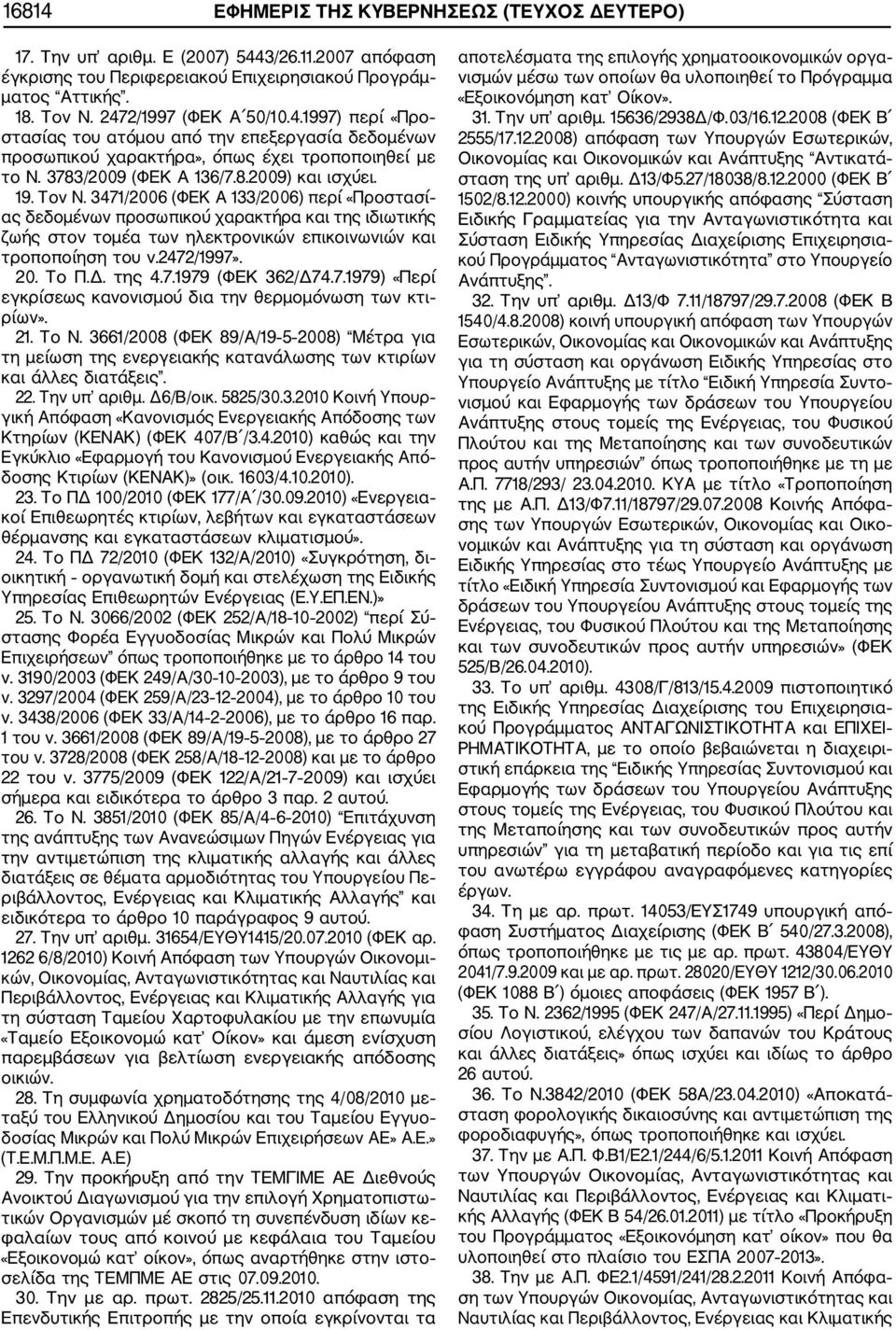 3471/2006 (ΦΕΚ Α 133/2006) περί «Προστασί ας δεδομένων προσωπικού χαρακτήρα και της ιδιωτικής ζωής στον τομέα των ηλεκτρονικών επικοινωνιών και τροποποίηση του ν.2472/1997». 20. Το Π.Δ. της 4.7.1979 (ΦΕΚ 362/Δ74.