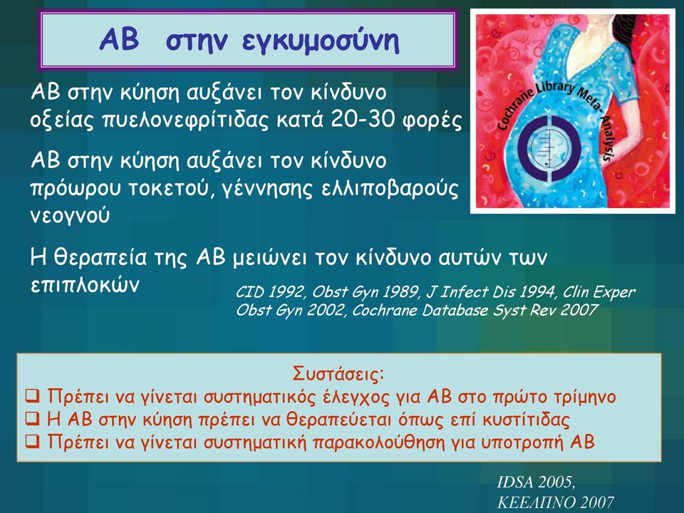 Obst Gyn 1989, J Infect Dis 1994, Clin Exper Obst Gyn 2002, Cochrane Database Syst Rev 2007 Συστάσεις: Πρέπει να γίνεται συστηματικός