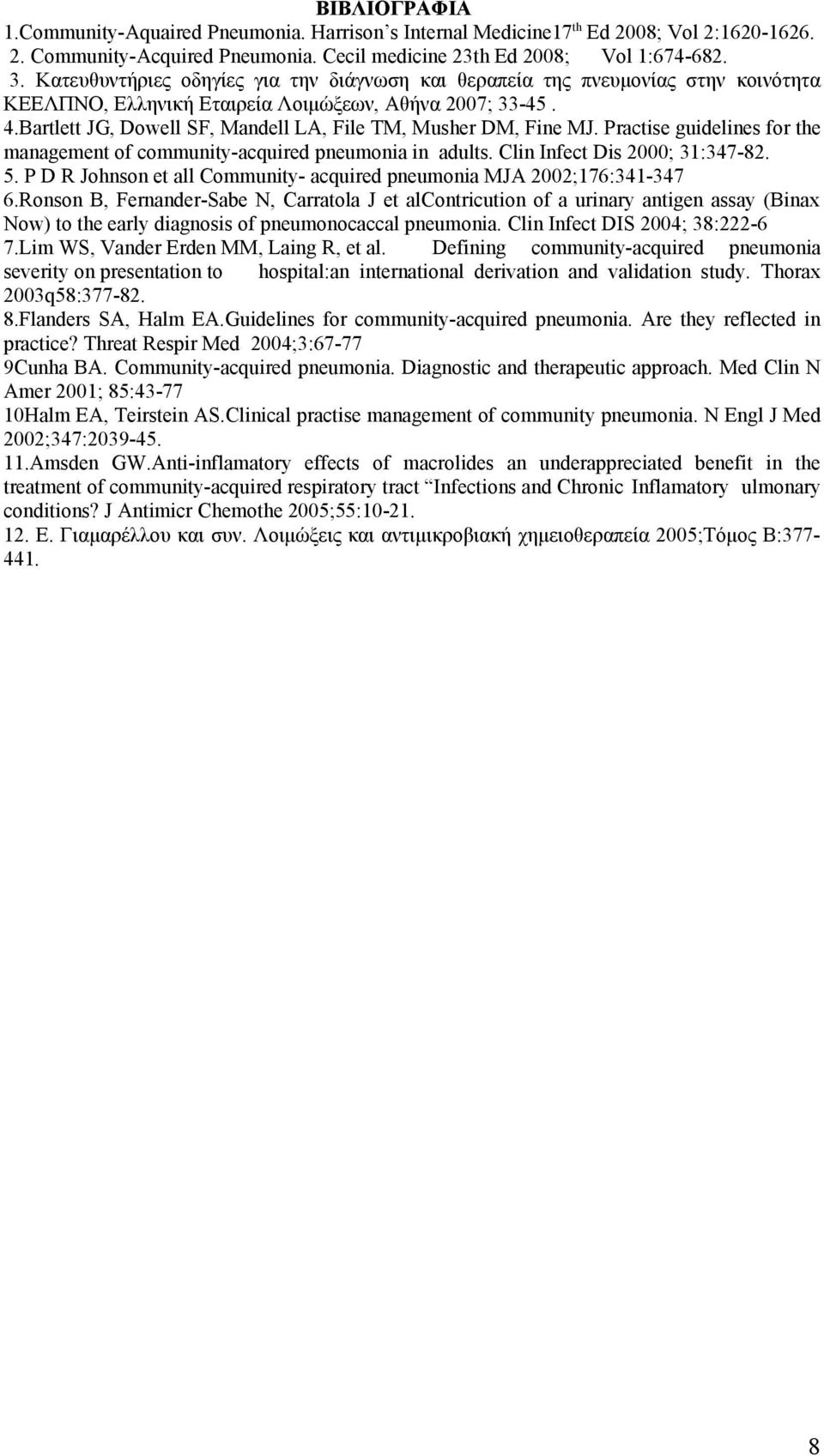 Bartlett JG, Dowell SF, Mandell LA, File TM, Musher DM, Fine MJ. Practise guidelines for the management of community-acquired pneumonia in adults. Clin Infect Dis 2000; 31:347-82. 5.