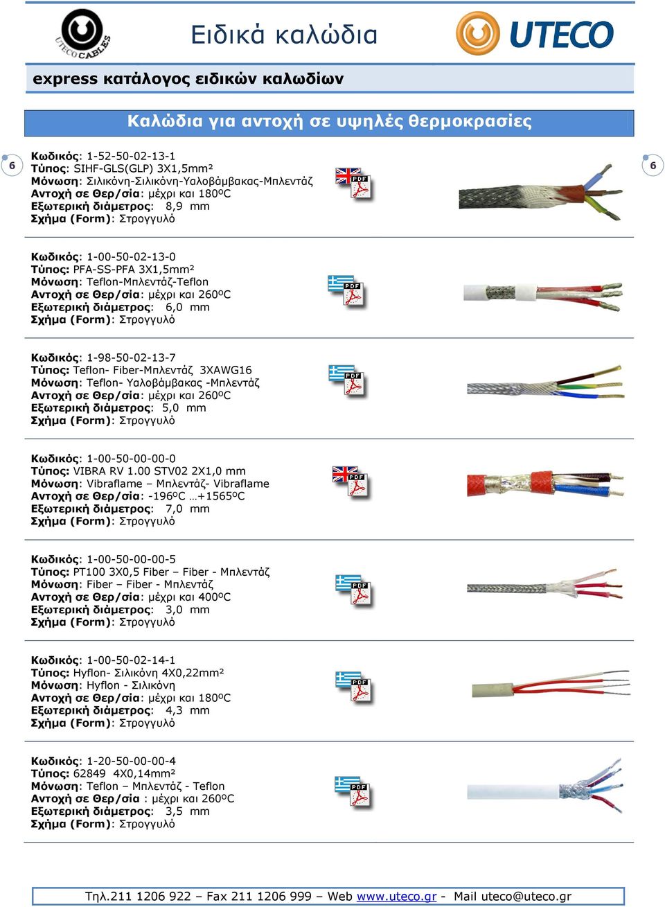 Τύπος: Teflon- Fiber-Μπλεντάζ 3XAWG16 Μόνωση: Teflon- Υαλοβάμβακας -Μπλεντάζ Αντοχή σε Θερ/σία: μέχρι και 260ºC Εξωτερική διάμετρος: 5,0 mm Κωδικός: 1-00-50-00-00-0 Τύπος: VIBRA RV 1.