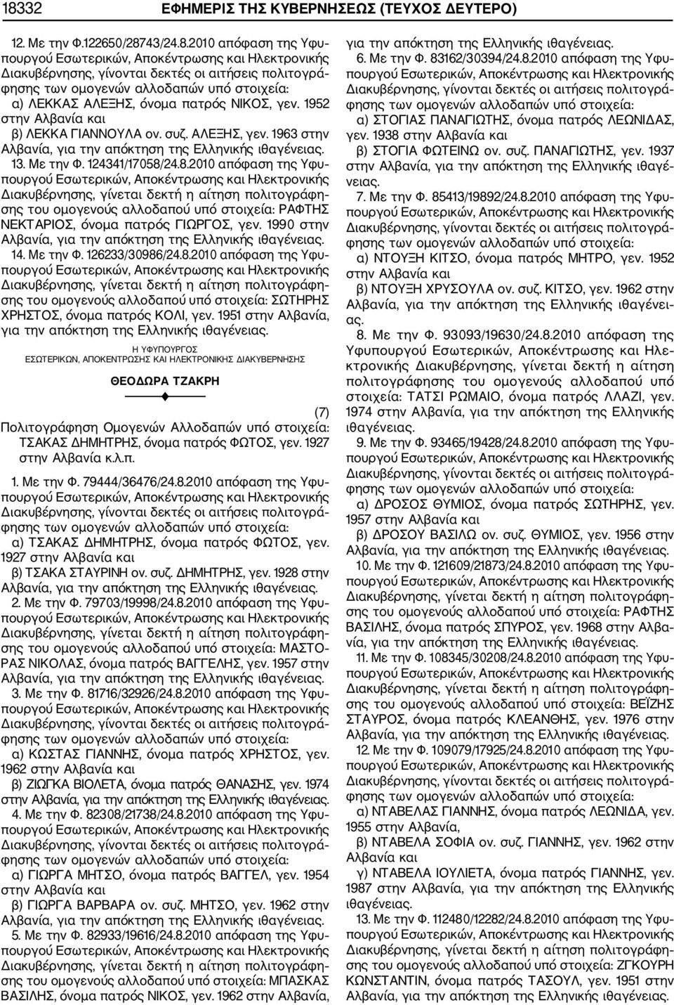 1951 στην Αλβανία, (7) TΣΑΚΑΣ ΔΗΜΗΤΡΗΣ, όνομα πατρός ΦΩΤΟΣ, γεν. 1927 στην Αλβανία κ.λ.π. 1. Με την Φ. 79444/36476/24.8.2010 απόφαση της Υφυ α) ΤΣΑΚΑΣ ΔΗΜΗΤΡΗΣ, όνομα πατρός ΦΩΤΟΣ, γεν.