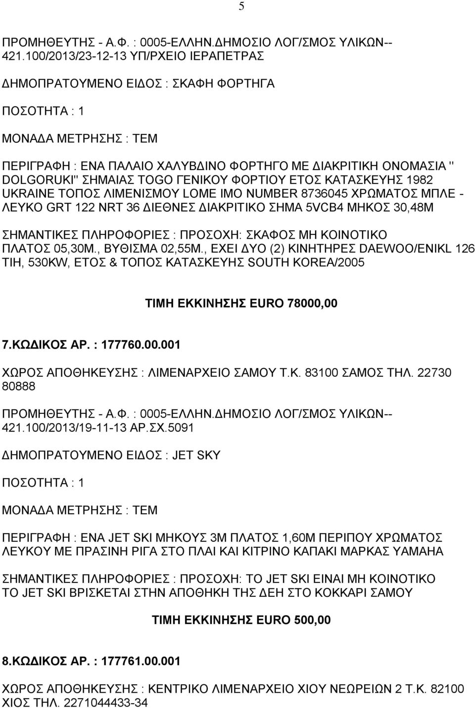 1982 UKRAINE ΤΟΠΟΣ ΛΙΜΕΝΙΣΜΟΥ LOME ΙΜΟ NUMBER 8736045 ΧΡΩΜΑΤΟΣ ΜΠΛΕ - ΛΕΥΚΟ GRT 122 NRT 36 ΔΙΕΘΝΕΣ ΔΙΑΚΡΙΤΙΚΟ ΣΗΜΑ 5VCB4 ΜΗΚΟΣ 30,48Μ ΠΛΑΤΟΣ 05,30Μ., ΒΥΘΙΣΜΑ 02,55Μ.