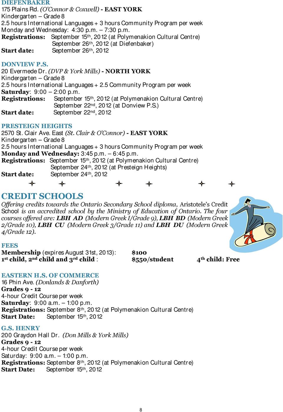 S. 20 Evermede Dr. (DVP & York Mills) - NORTH YORK Kindergarten Grade 8 2.5 hours International Languages + 2.5 Community Program per week Saturday: 9:00 2:00 p.m. Registrations: September 15 th, 2012 (at Polymenakion Cultural Centre) September 22 nd, 2012 (at Donview P.