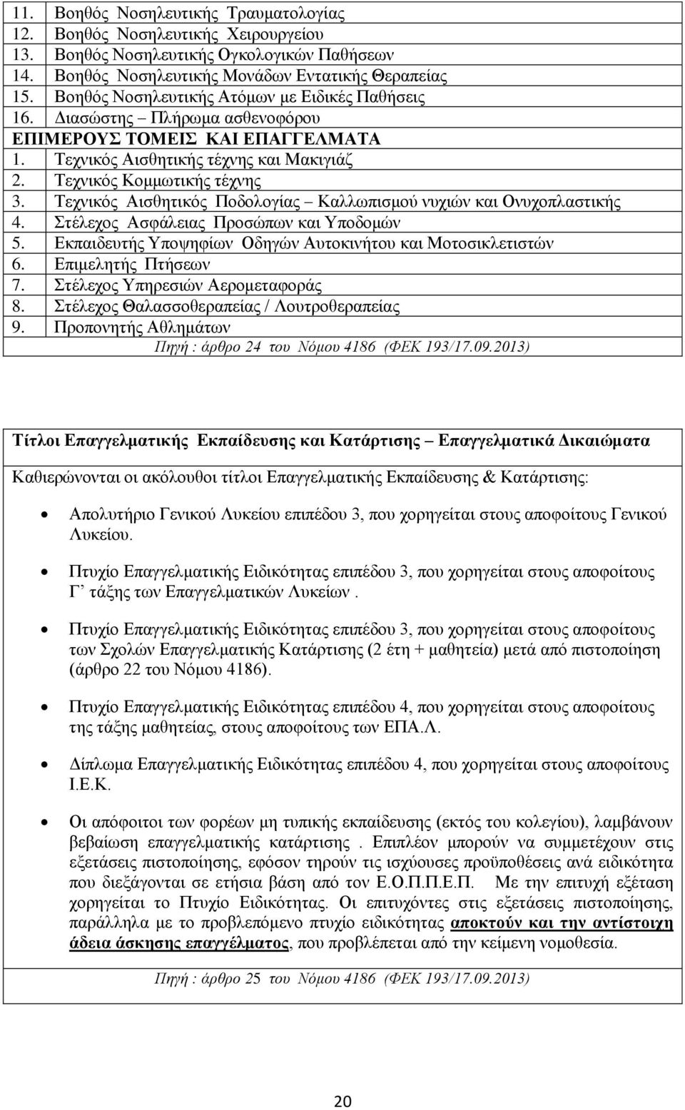 Τεχνικός Αισθητικός Ποδολογίας Καλλωπισμού νυχιών και Ονυχοπλαστικής 4. Στέλεχος Ασφάλειας Προσώπων και Υποδομών 5. Εκπαιδευτής Υποψηφίων Οδηγών Αυτοκινήτου και Μοτοσικλετιστών 6.