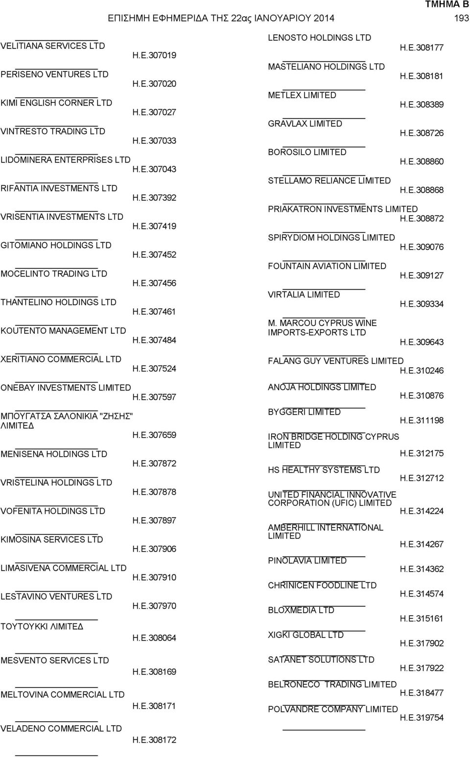 E.307484 LENOSTO HOLDINGS LTD MASTELIANO HOLDINGS LTD METLEX GRAVLAX BOROSILO STELLAMO RELIANCE H.E.308177 H.E.308181 H.E.308389 H.E.308726 H.E.308860 H.E.308868 PRIAKATRON INVESTMENTS H.E.308872 SPIRYDIOM HOLDINGS FOUNTAIN AVIATION VIRTALIA M.