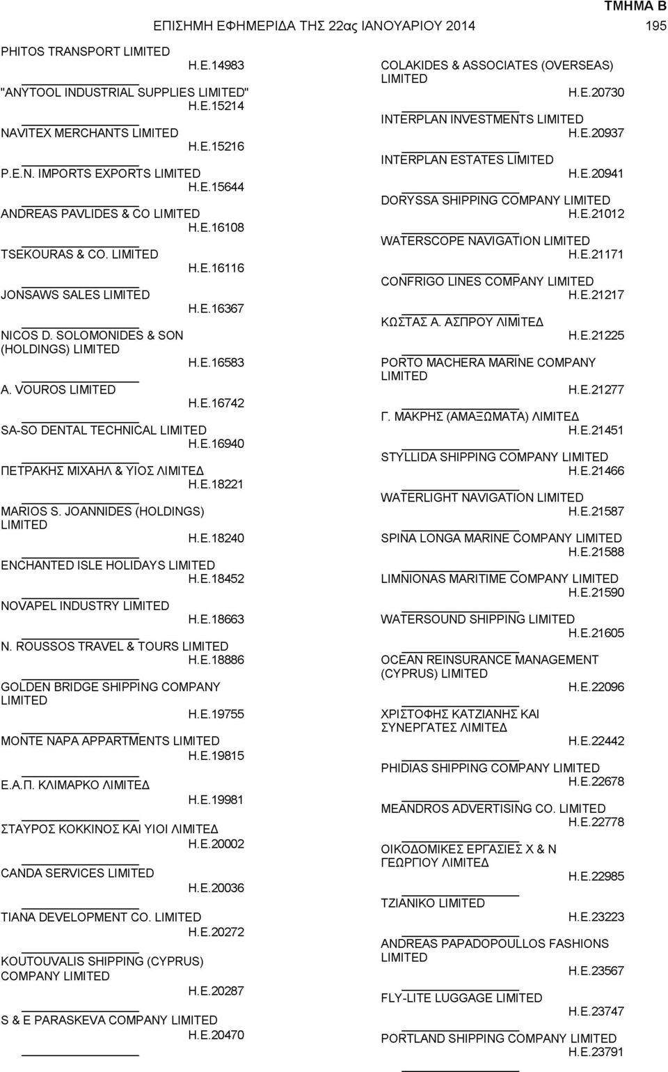 18221 MARIOS S. JOANNIDES (HOLDINGS) H.E. 18240 ENCHANTED ISLE HOLIDAYS H.E. 18452 NOVAPEL INDUSTRY H.E. 18663 N. ROUSSOS TRAVEL & TOURS H.E. 18886 GOLDEN BRIDGE SHIPPING COMPANY H.E. 19755 MONTE NAPAAPPARTMENTS H.