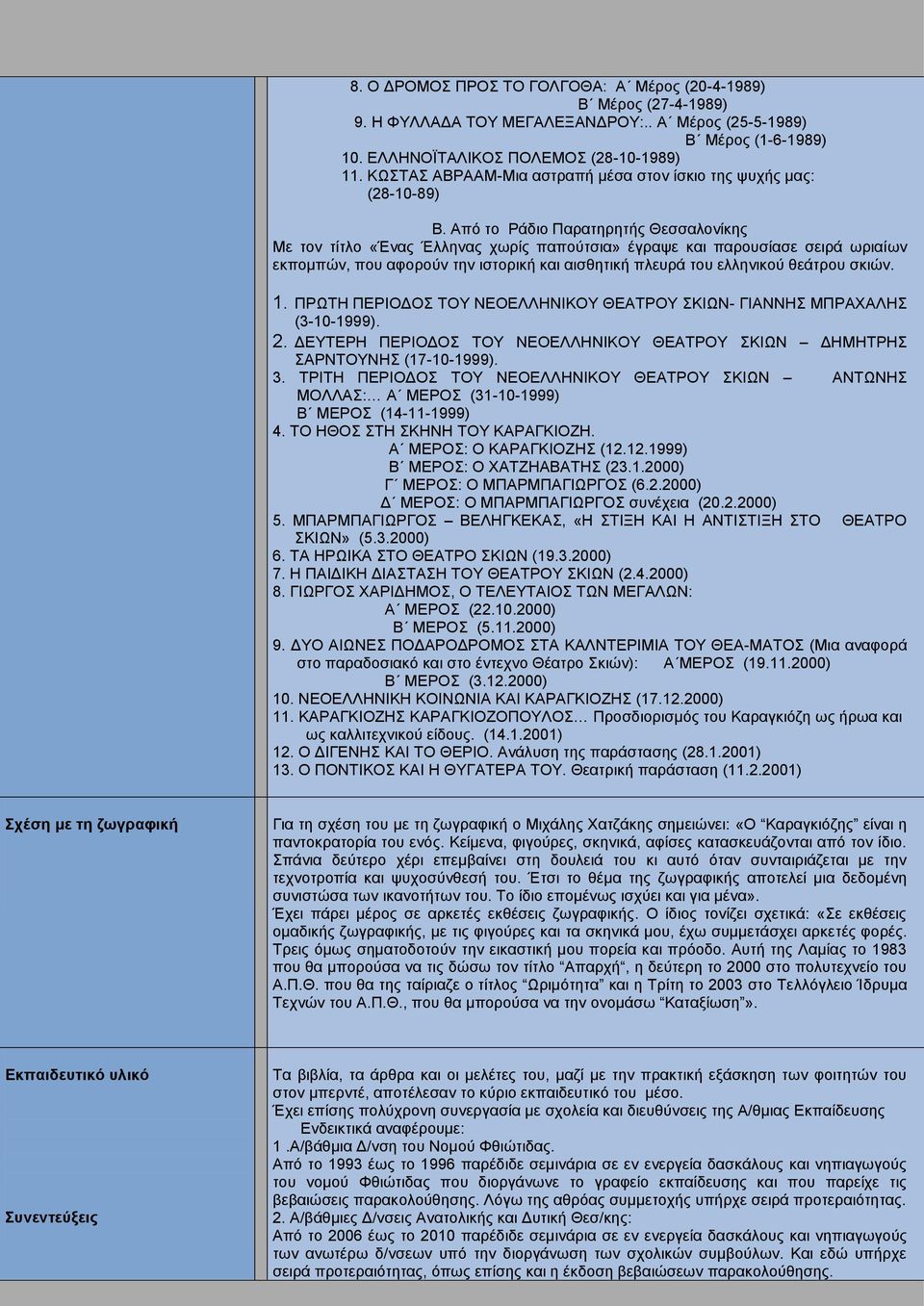 Από το Ράδιο Παρατηρητής Θεσσαλονίκης Με τον τίτλο «Ένας Έλληνας χωρίς παπούτσια» έγραψε και παρουσίασε σειρά ωριαίων εκπομπών, που αφορούν την ιστορική και αισθητική πλευρά του ελληνικού θεάτρου