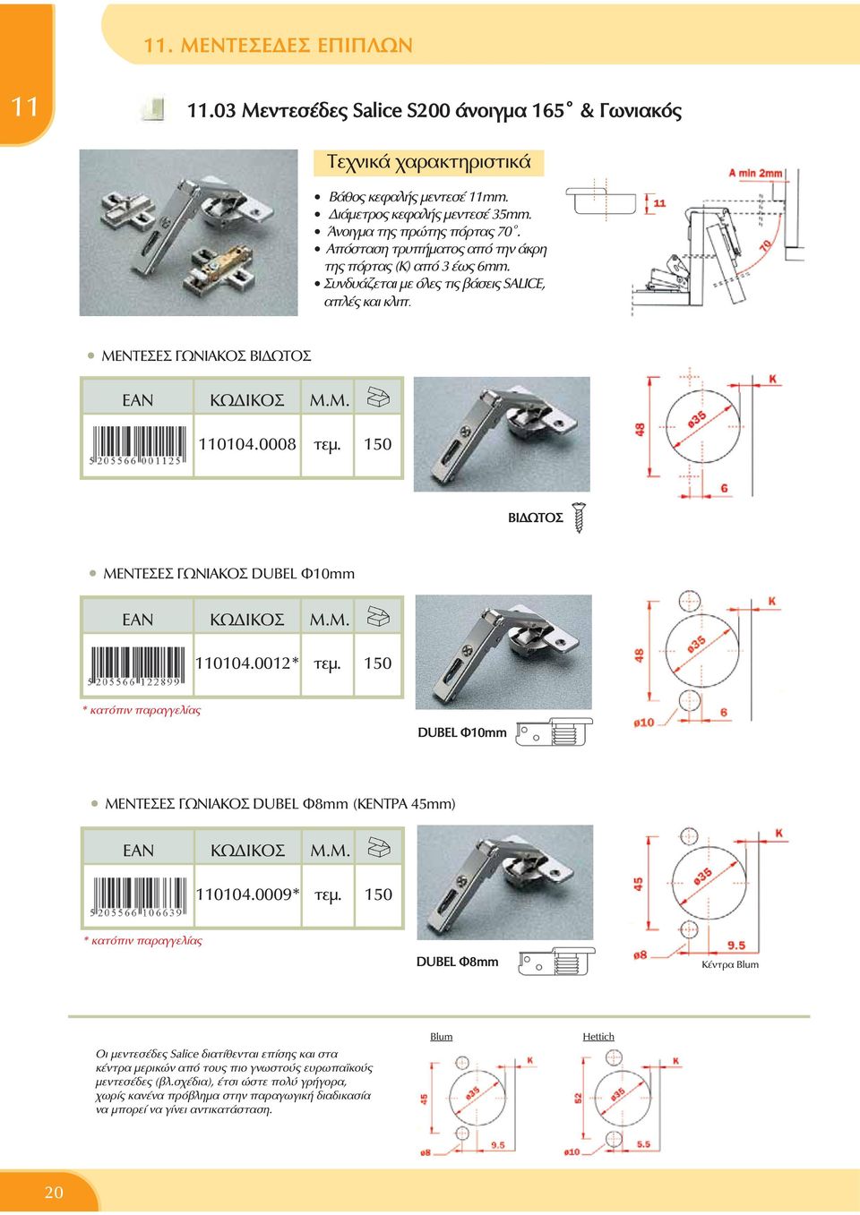 150 ΜΕΝΤΕΣΕΣ ΓΩΝΙΑΚΟΣ DUBEL Φ10mm 0104.0012* τεμ. 150 DUBEL Ö10mm ΜΕΝΤΕΣΕΣ ΓΩΝΙΑΚΟΣ DUBEL Φ8mm (ΚΕΝΤΡΑ 45mm) 0104.0009* τεμ.