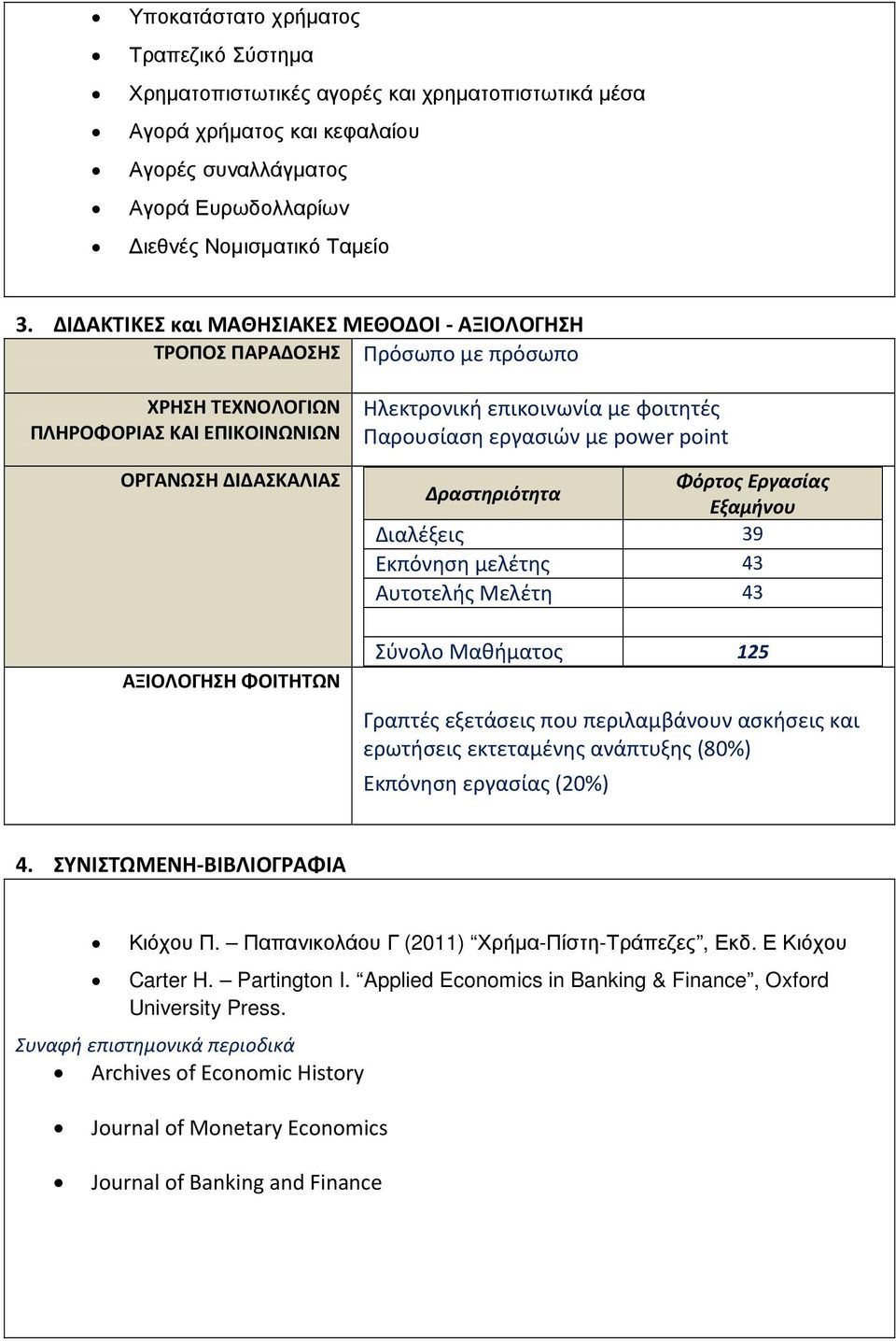 φοιτητές Παρουσίαση εργασιών με power point Δραστηριότητα Φόρτος Εργασίας Εξαμήνου Διαλέξεις 39 Εκπόνηση μελέτης 43 Αυτοτελής Μελέτη 43 Σύνολο Μαθήματος 125 Γραπτές εξετάσεις που περιλαμβάνουν