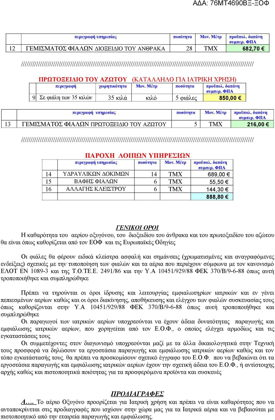 ΤΟΥ ΑΖΩΤΟΥ (ΚΑΤΑΛΛΗΛΟ ΓΙΑ ΙΑΤΡΙΚΗ ΧΡΗΣΗ) περιγραφή χωρητικότητα Μον. Μέτρ ποσότητα προϋπολ.