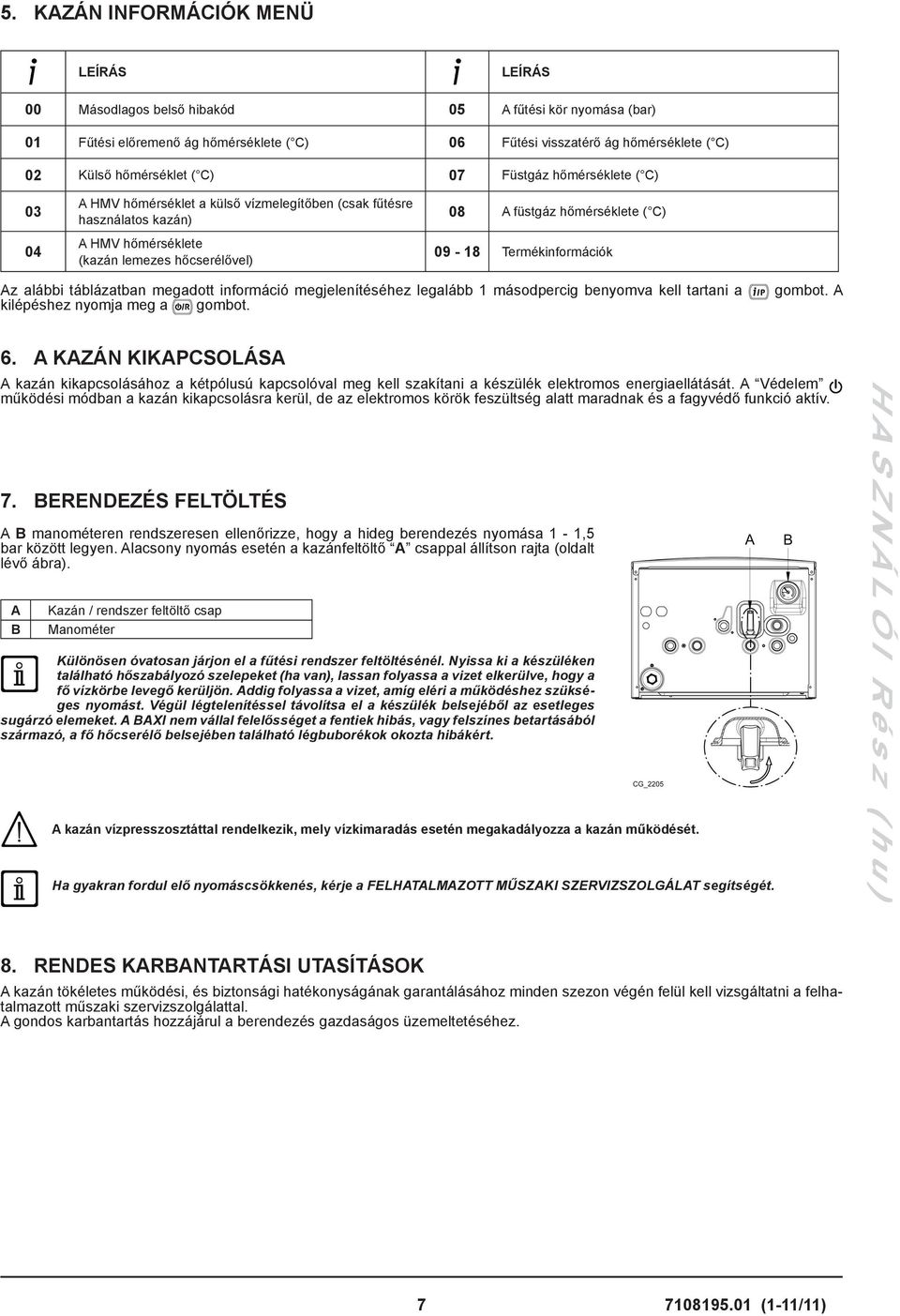 ( C) 09-18 Termékinformációk Az alábbi táblázatban megadott információ megjelenítéséhez legalább 1 másodpercig benyomva kell tartani a kilépéshez nyomja meg a gombot. gombot. A 6.