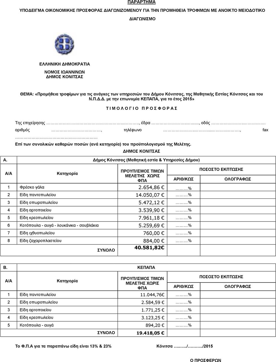 αριθμός, τηλέφωνο, fax Επί των συνολικών καθαρών ποσών (ανά κατηγορία) του προϋπολογισμού της Μελέτης ΔΗΜΟΣ ΚΟΝΙΤΣΑΣ Α Δήμος Κόνιτσας (Μαθητική εστία & Υπηρεσίες Δήμου) Κατηγορία ΠΡΟΥΠ/ΙΣΜΟΣ ΤΙΜΩΝ