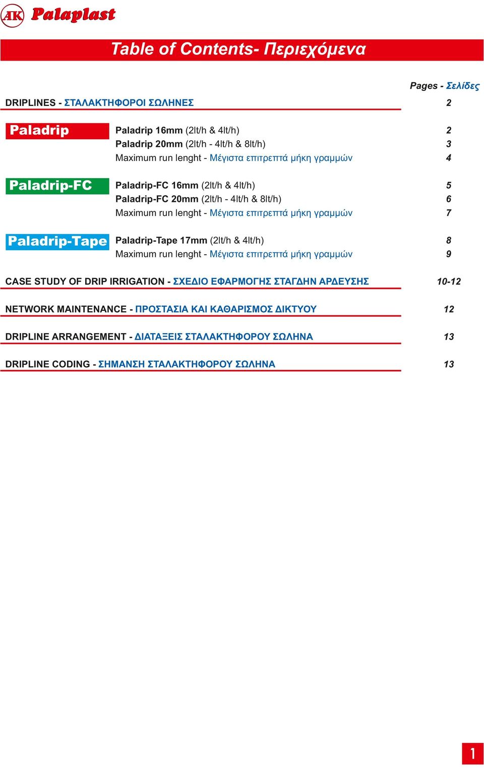 Paladrip-Tape Paladrip-Tape 7mm (2 & 4) Maximum run lenght - Μέγιστα επιτρεπτά μήκη γραμμών 9 CASE STUDY OF DRIP IRRIGATION - ΣΧΕΔΙΟ ΕΦΑΡΜΟΓΗΣ ΣΤΑΓΔΗΝ