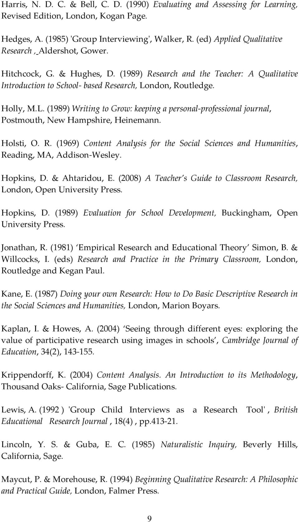 ndon, Routledge. Holly, M.L. (1989) Writing to Grow: keeping a personal-professional journal, Postmouth, New Hampshire, Heinemann. Holsti, O. R. (1969) Content Analysis for the Social Sciences and Humanities, Reading, MA, Addison-Wesley.