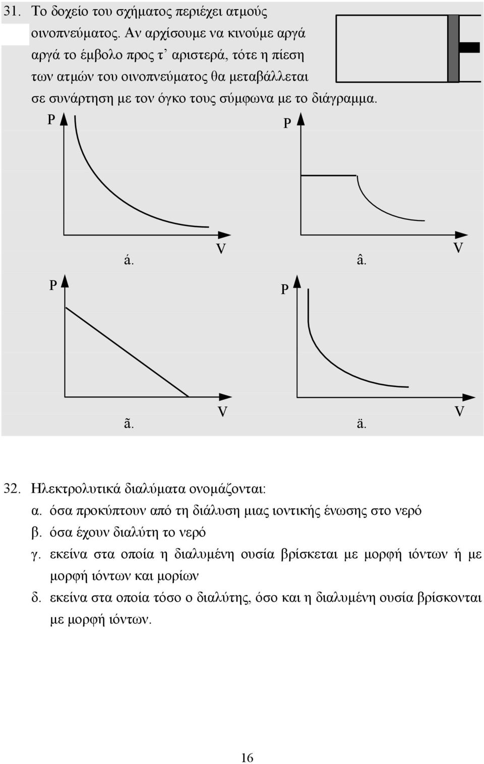 τους σύµφωνα µε το διάγραµµα. P P P V á. â. P V V ã. ä. V 32. Ηλεκτρολυτικά διαλύµατα ονοµάζονται: α.