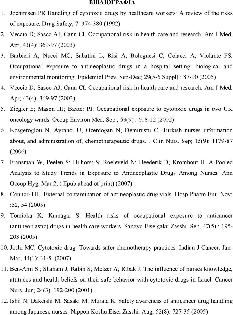 Occupational exposure to antineοplastic drugs in a hospital setting: biological and environmental monitoring. Epidemiol Prev. Sep-Dec; 29(5-6 Suppl) : 87-90 (2005) 4. Veccio D; Sasco AJ; Cann CI.