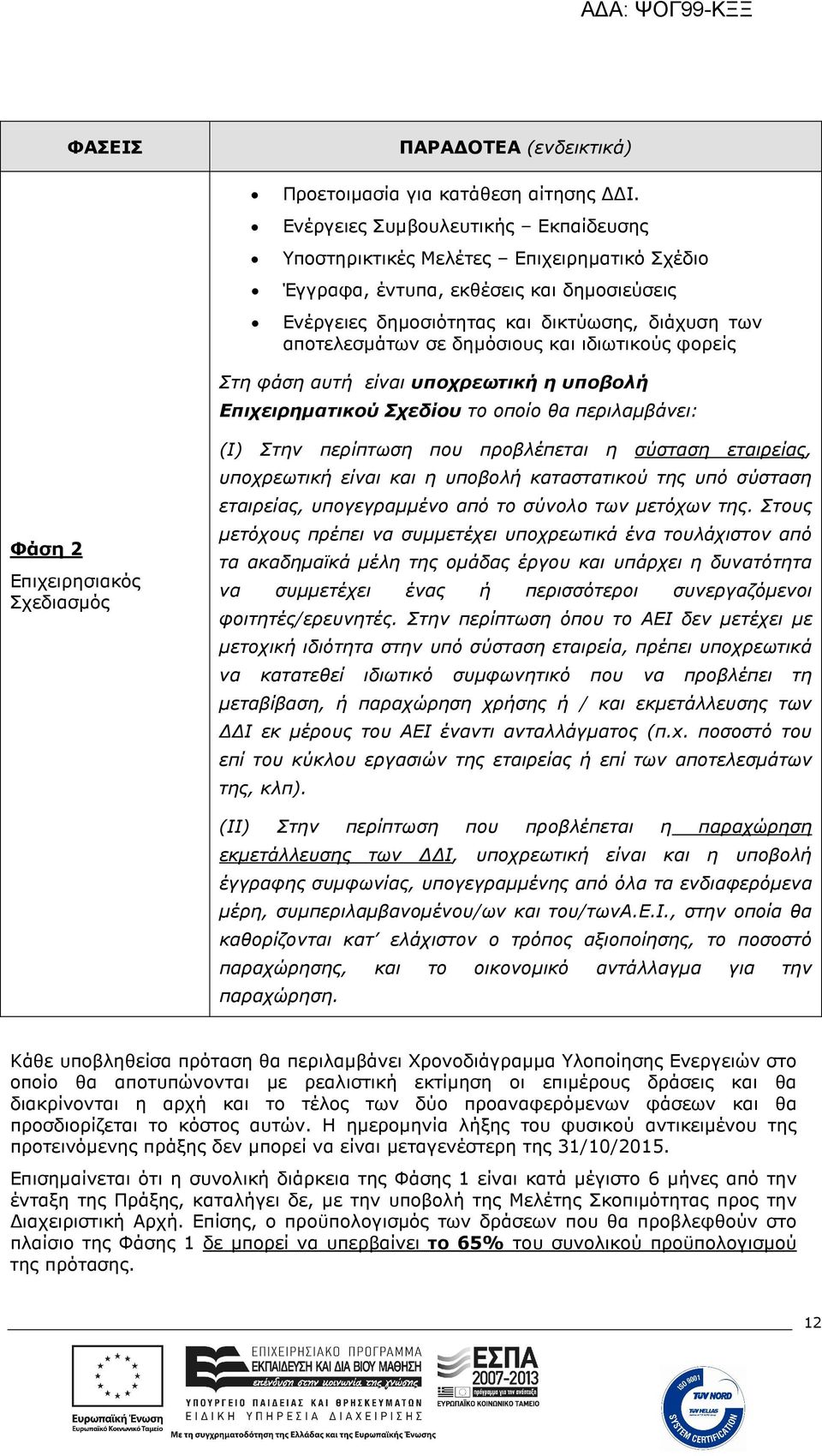 δηµόσιους και ιδιωτικούς φορείς Στη φάση αυτή είναι υποχρεωτική η υποβολή Επιχειρηµατικού Σχεδίου το οποίο θα περιλαµβάνει: Φάση 2 Επιχειρησιακός Σχεδιασµός (Ι) Στην περίπτωση που προβλέπεται η