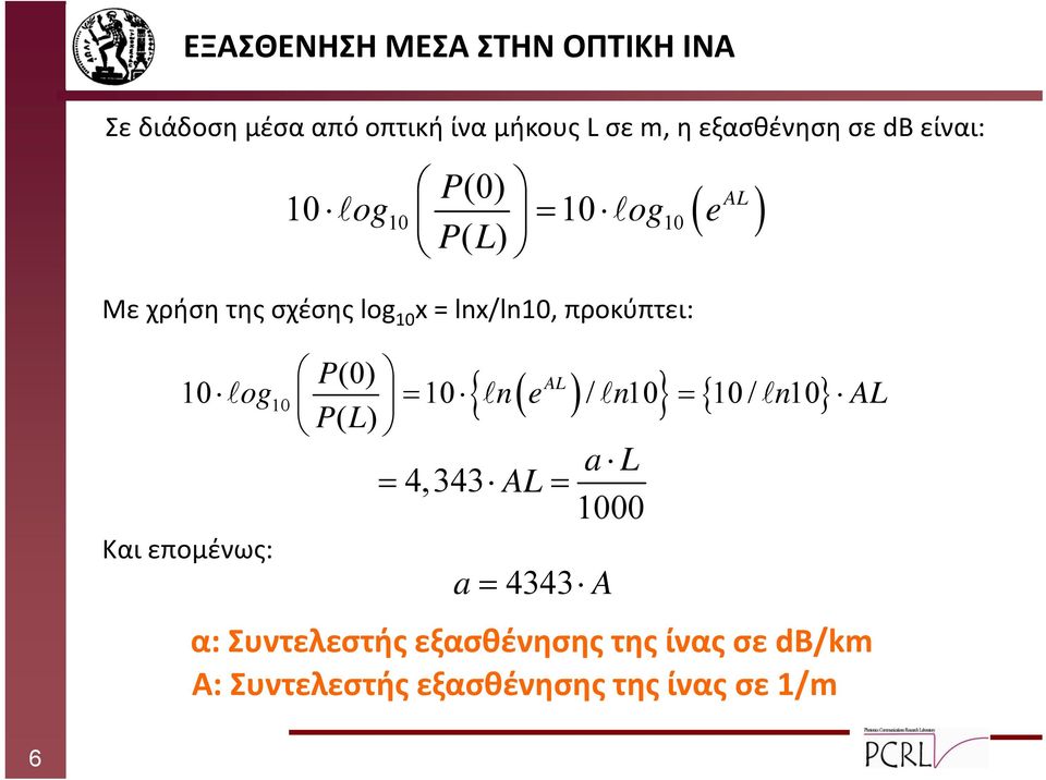 P(0) { AL 10 log ( ) } 10 = 10 ln e / ln10 = { 10 / ln10} AL PL ( ) a L = 4,343 AL = 1000 Και