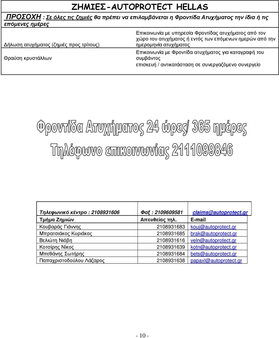 επισκευή / αντικατάσταση σε συνεργαζόµενο συνεργείο Τηλεφωνικό κέντρο : 2108931606 Φαξ : 2109609581 claims@autoprotect.gr Τµήµα Ζηµιών Απευθείας τηλ.