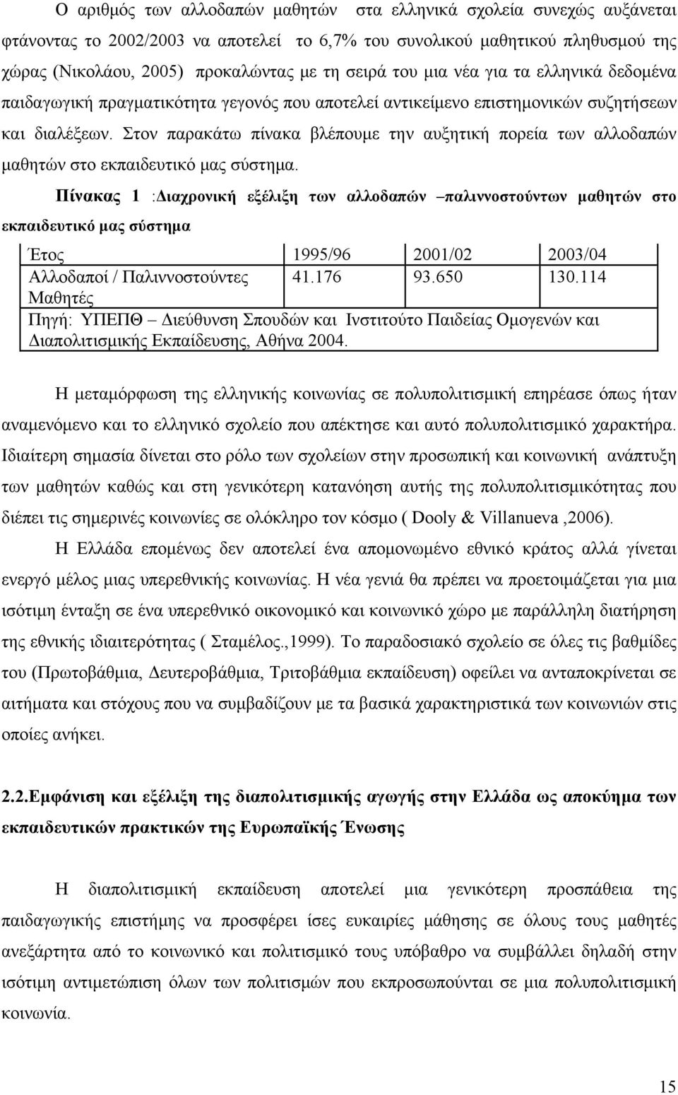 Στον παρακάτω πίνακα βλέπουμε την αυξητική πορεία των αλλοδαπών μαθητών στο εκπαιδευτικό μας σύστημα.