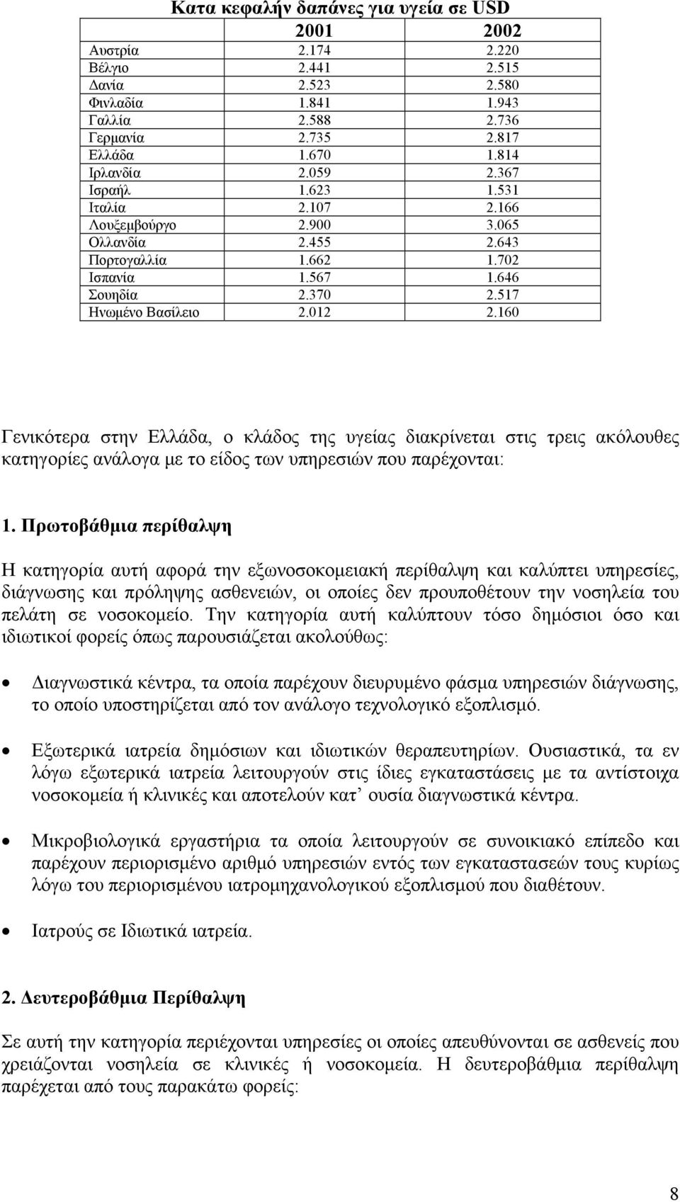 160 Γενικότερα στην Ελλάδα, ο κλάδος της υγείας διακρίνεται στις τρεις ακόλουθες κατηγορίες ανάλογα με το είδος των υπηρεσιών που παρέχονται: 1.