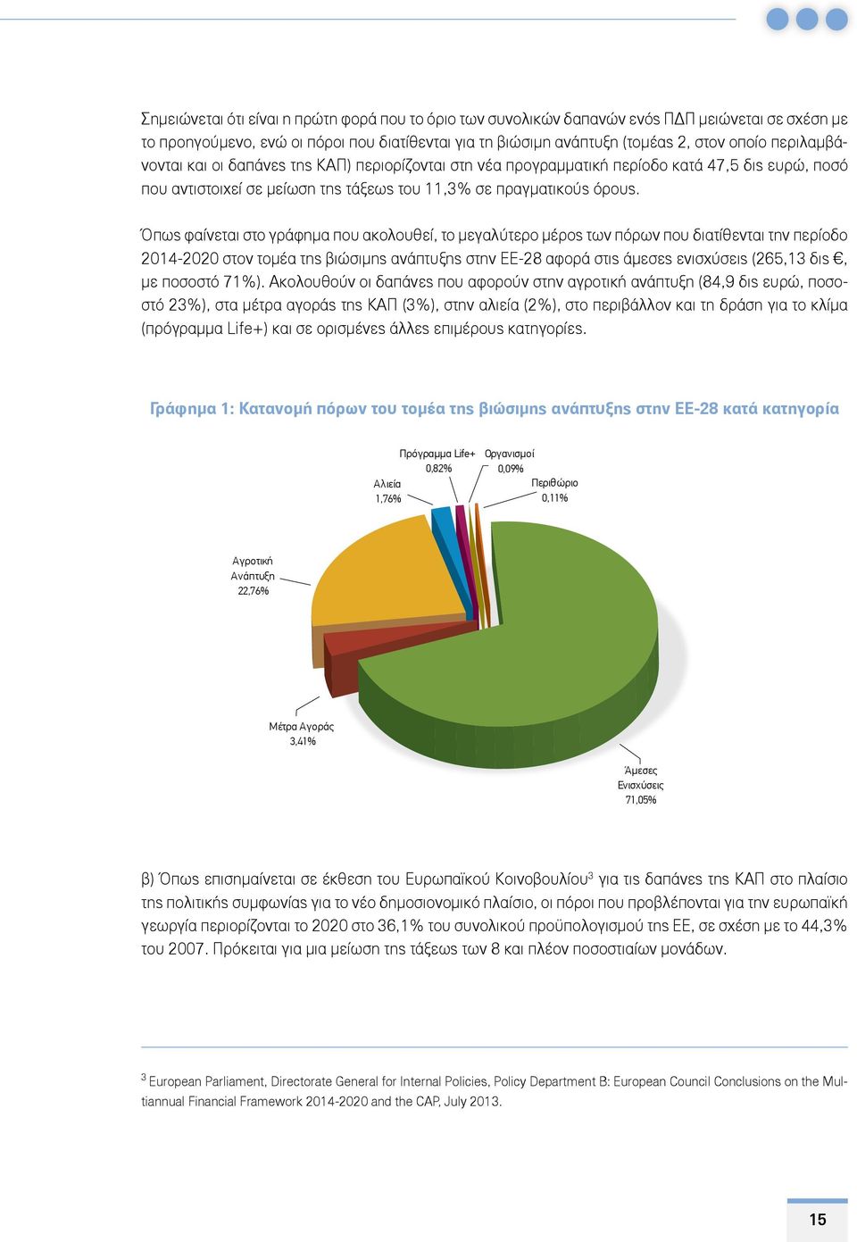 Όπως φαίνεται στο γράφημα που ακολουθεί, το μεγαλύτερο μέρος των πόρων που διατίθενται την περίοδο 2014-2020 στον τομέα της βιώσιμης ανάπτυξης στην ΕΕ-28 αφορά στις άμεσες ενισχύσεις (265,13 δις, με