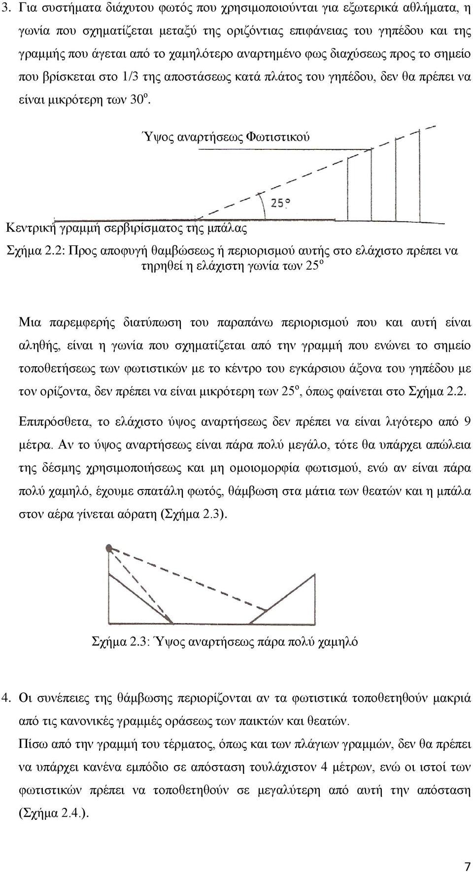 Ύψος αναρτήσεως Φωτιστικού Κεντρική γραμμή σερβιρίσματος της μπάλας Σχήμα 2.