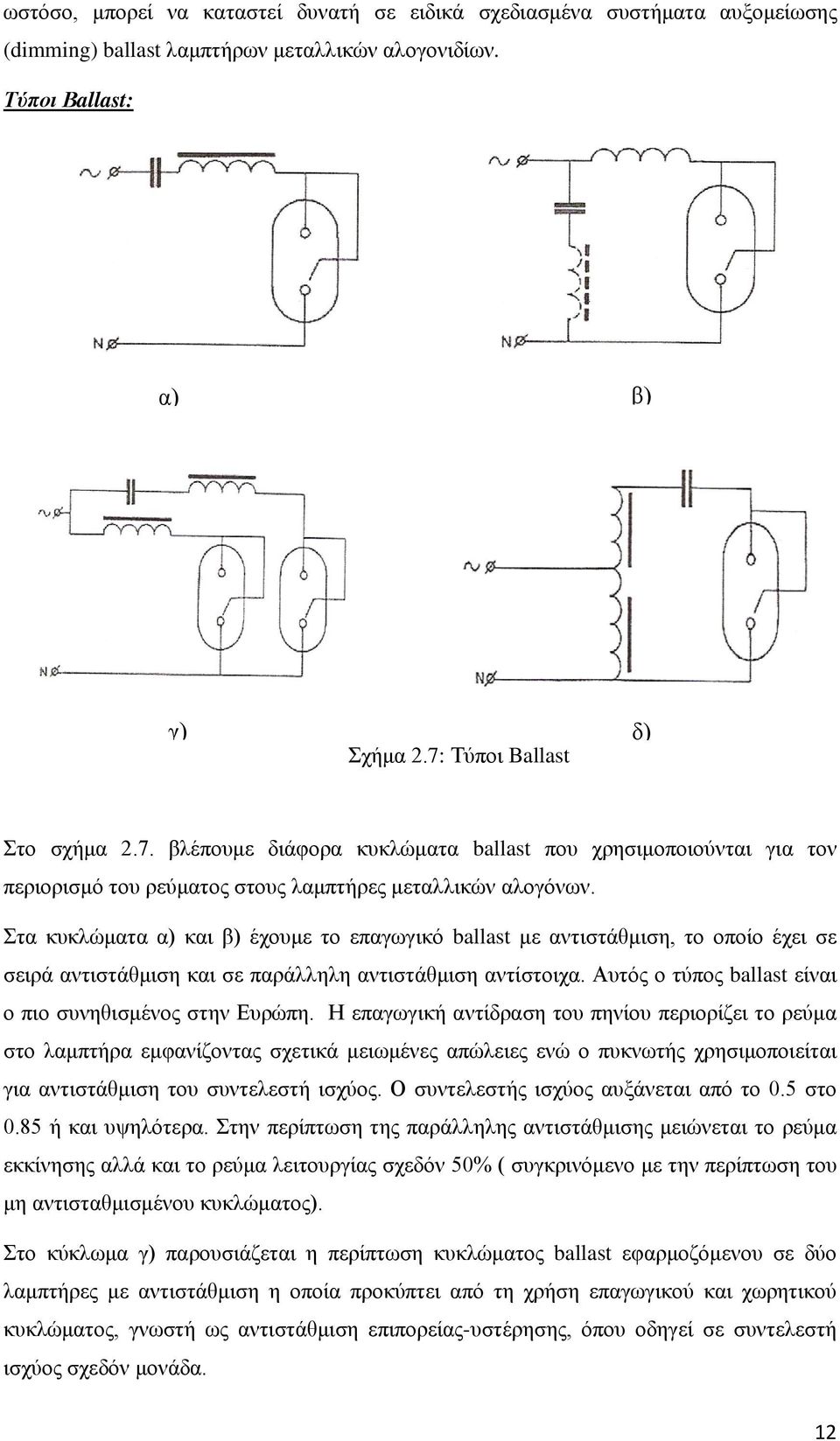 Στα κυκλώματα α) και β) έχουμε το επαγωγικό ballast με αντιστάθμιση, το οποίο έχει σε σειρά αντιστάθμιση και σε παράλληλη αντιστάθμιση αντίστοιχα.