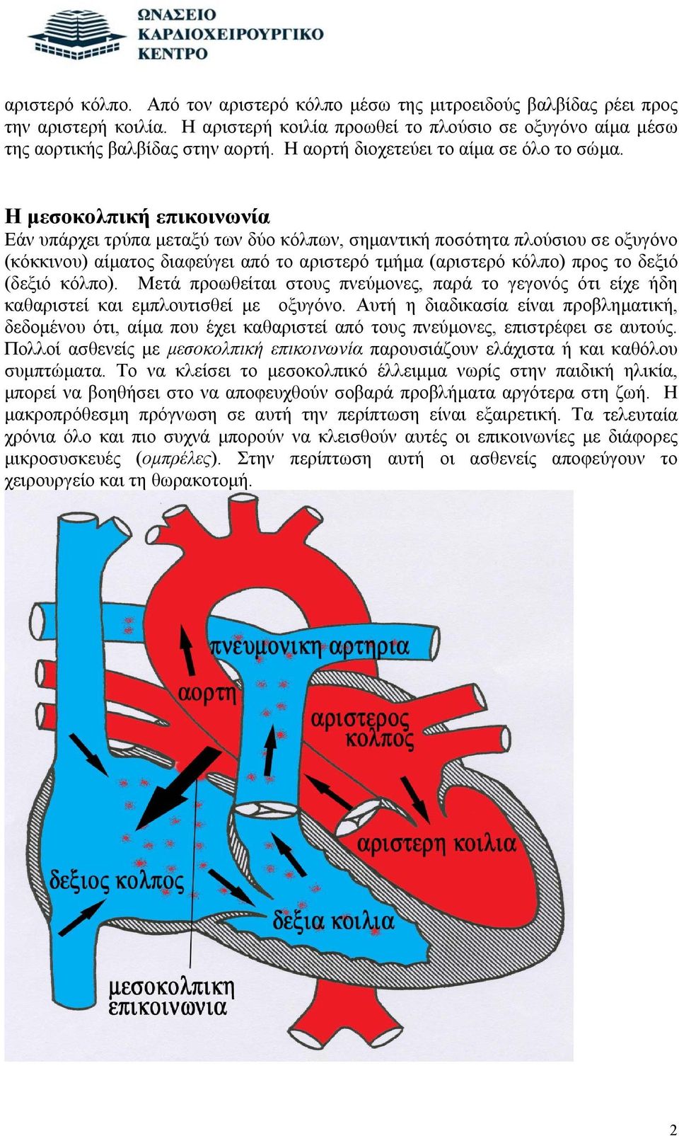 Η μεσοκολπική επικοινωνία Εάν υπάρχει τρύπα μεταξύ των δύο κόλπων, σημαντική ποσότητα πλούσιου σε οξυγόνο (κόκκινου) αίματος διαφεύγει από το αριστερό τμήμα (αριστερό κόλπο) προς το δεξιό (δεξιό