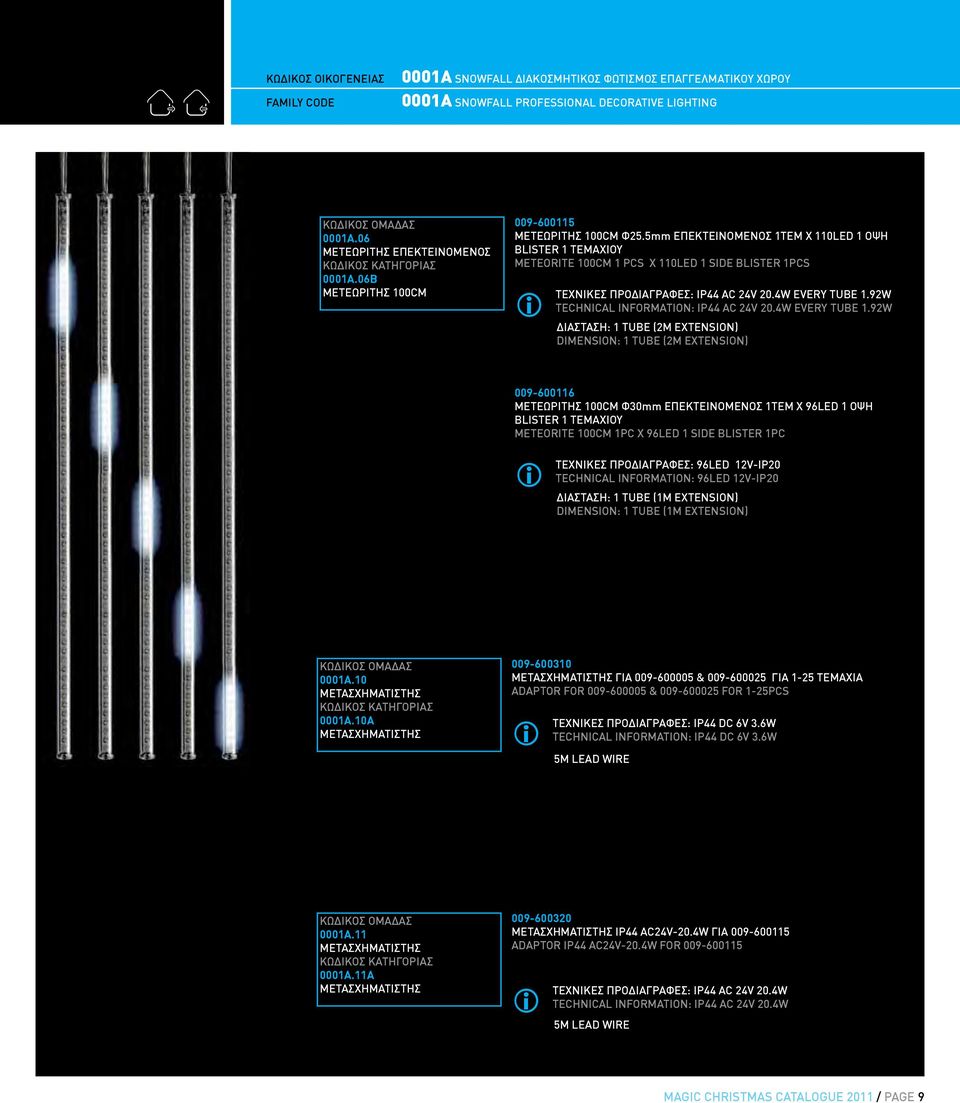 5mm ΕΠΕΚΤΕΙΝΟΜΕΝΟΣ 1ΤΕΜ X 110LED 1 ΟΨΗ BLISTER 1 TEMΑΧΙOY METEORITE 100CM 1 PCS Χ 110LED 1 SIDE BLISTER 1PCS i ΤΕΧΝΙΚΕΣ ΠΡΟΔΙΑΓΡΑΦΕΣ: IP44 AC 24V 20.4W EVERY TUBE 1.