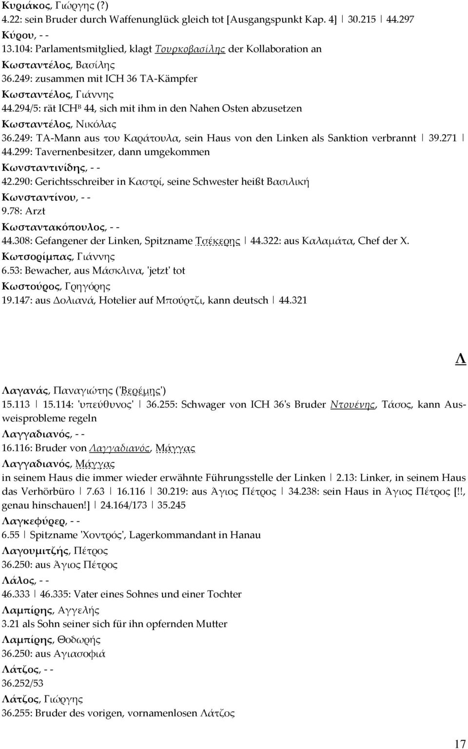 294/5: rät ICH B 44, sich mit ihm in den Nahen Osten abzusetzen Κωσταντέλος, Νικόλας 36.249: TA-Mann aus του Kαράτουλα, sein Haus von den Linken als Sanktion verbrannt 39.271 44.