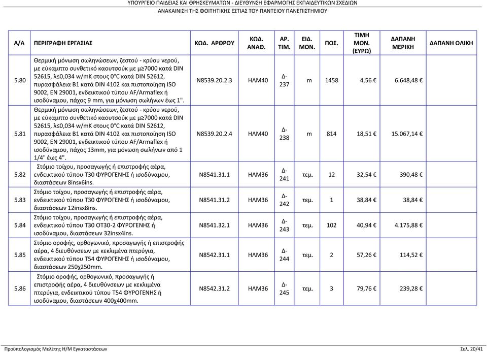 9002, EN 29001, ενδεικτικού τύπου AF/Armaflex ή ισοδύναμου, πάχος 9 mm, για μόνωση σωλήνων έως 1".