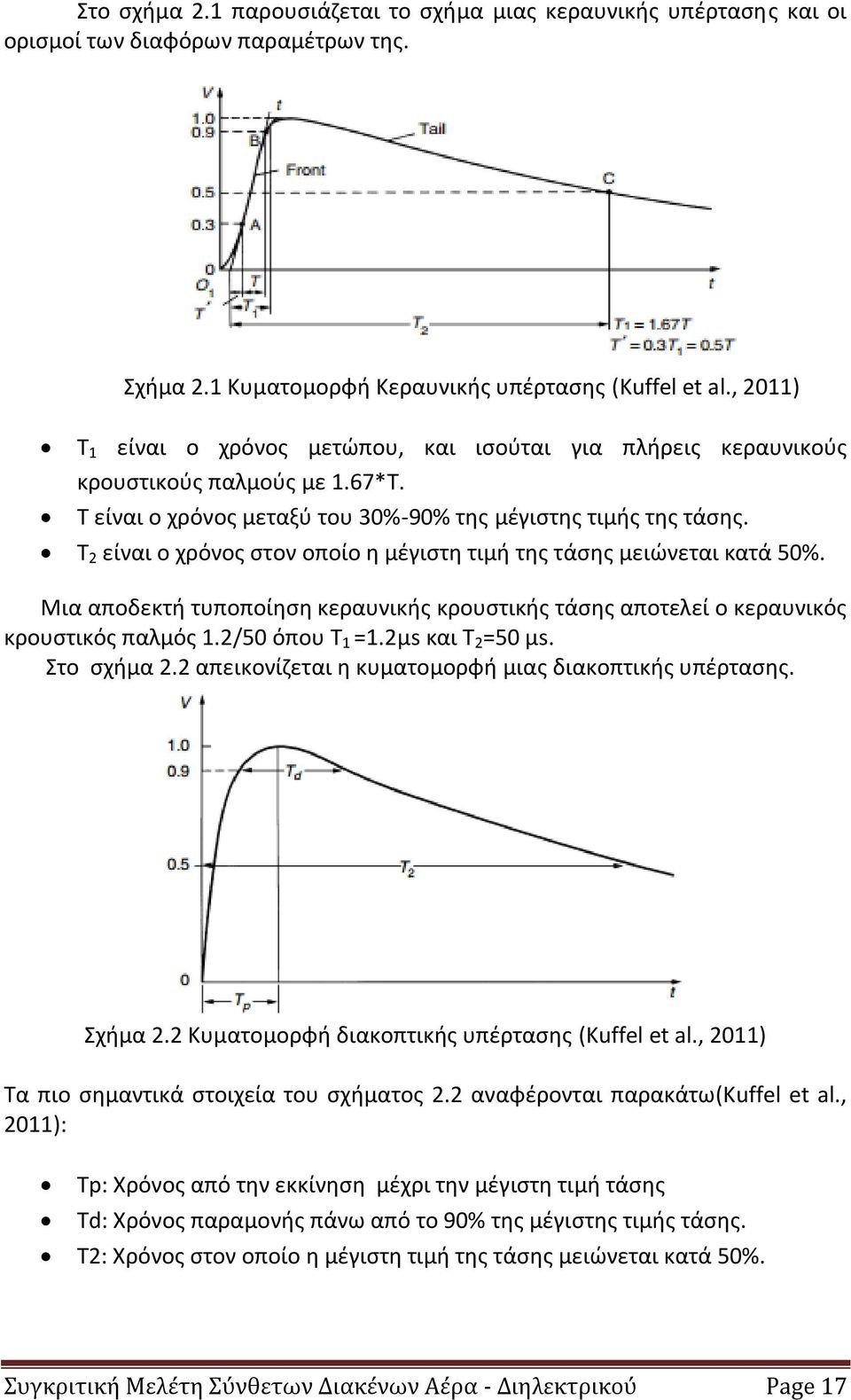 Τ 2 είναι ο χρόνος στον οποίο η μέγιστη τιμή της τάσης μειώνεται κατά 50%. Μια αποδεκτή τυποποίηση κεραυνικής κρουστικής τάσης αποτελεί ο κεραυνικός κρουστικός παλμός 1.2/50 όπου Τ 1 =1.