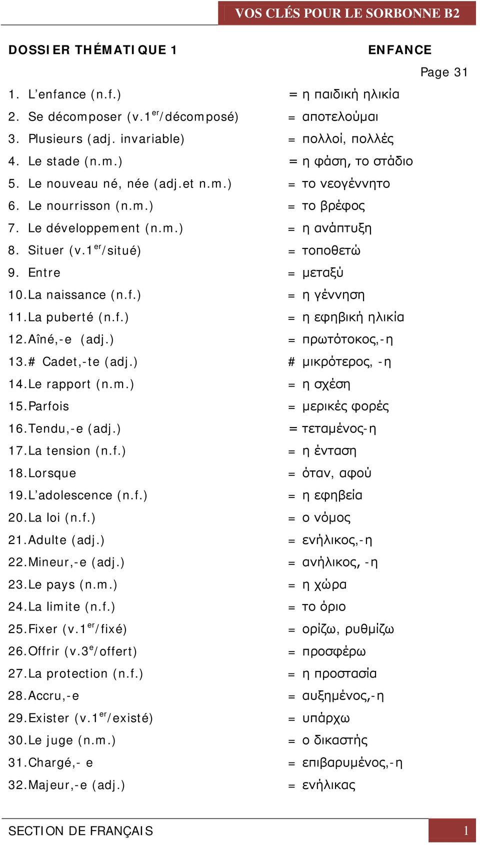 f.) = η γέννηση 11.La puberté (n.f.) = η εφηβική ηλικία 12.Aîné,-e (adj.) = πρωτότοκος,-η 13.# Cadet,-te (adj.) # μικρότερος, -η 14.Le rapport (n.m.) = η σχέση 15.Parfois = μερικές φορές 16.