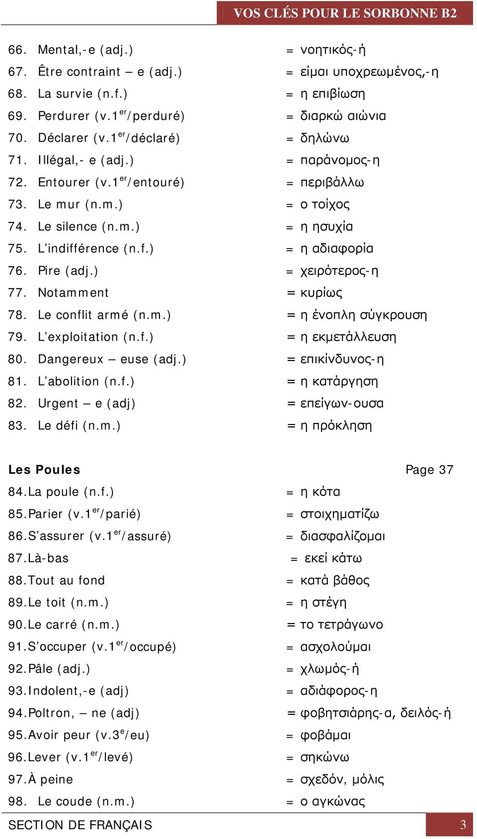 Pire (adj.) = χειρότερος-η 77. Notamment = κυρίως 78. Le conflit armé (n.m.) = η ένοπλη σύγκρουση 79. L exploitation (n.f.) = η εκμετάλλευση 80. Dangereux euse (adj.) = επικίνδυνος-η 81.