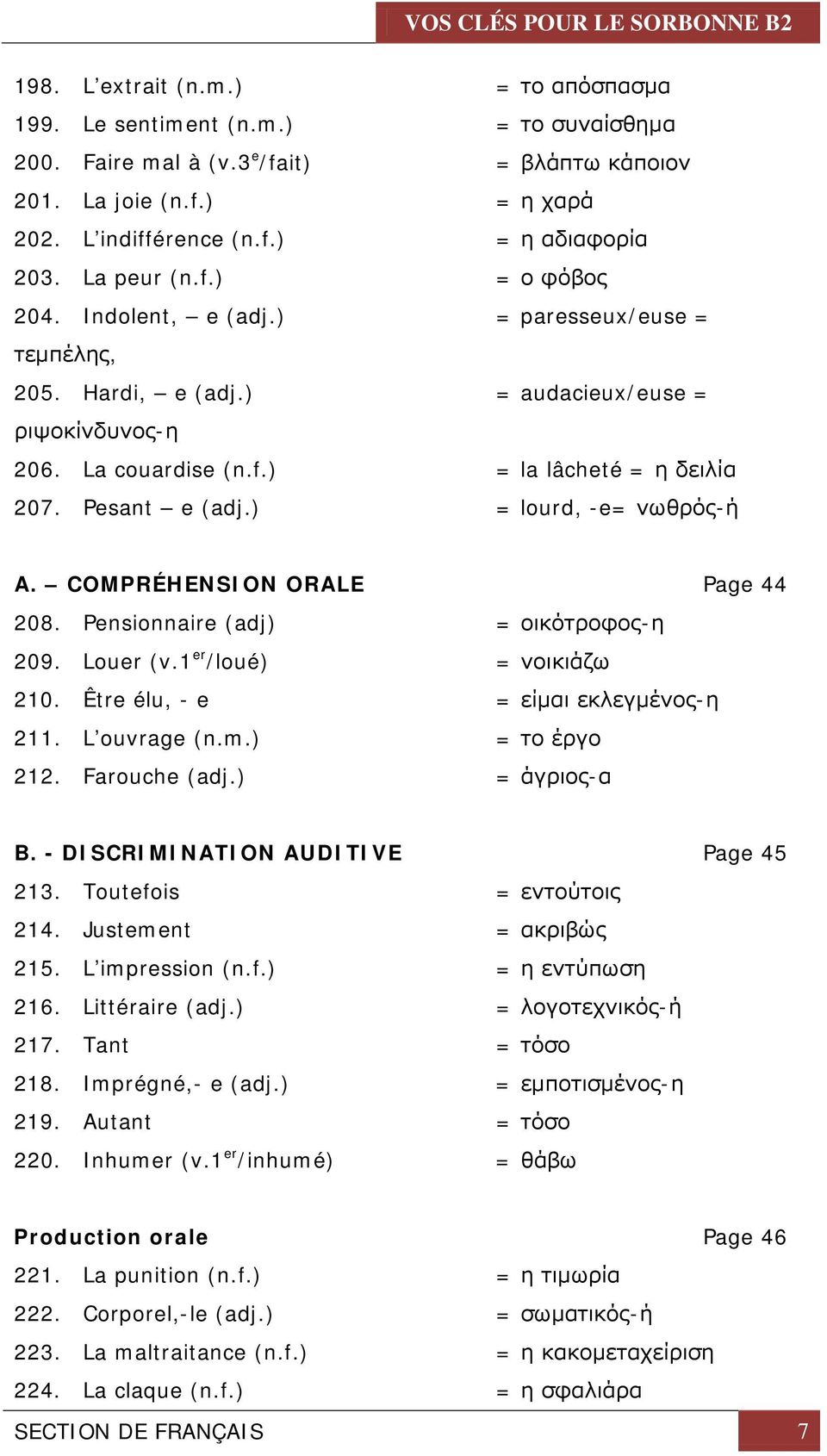 Pesant e (adj.) = lourd, -e= νωθρός-ή A. COMPRÉHENSION ORALE Page 44 208. Pensionnaire (adj) = οικότροφος-η 209. Louer (v.1 er /loué) = νοικιάζω 210. Être élu, - e = είμαι εκλεγμένος-η 211.