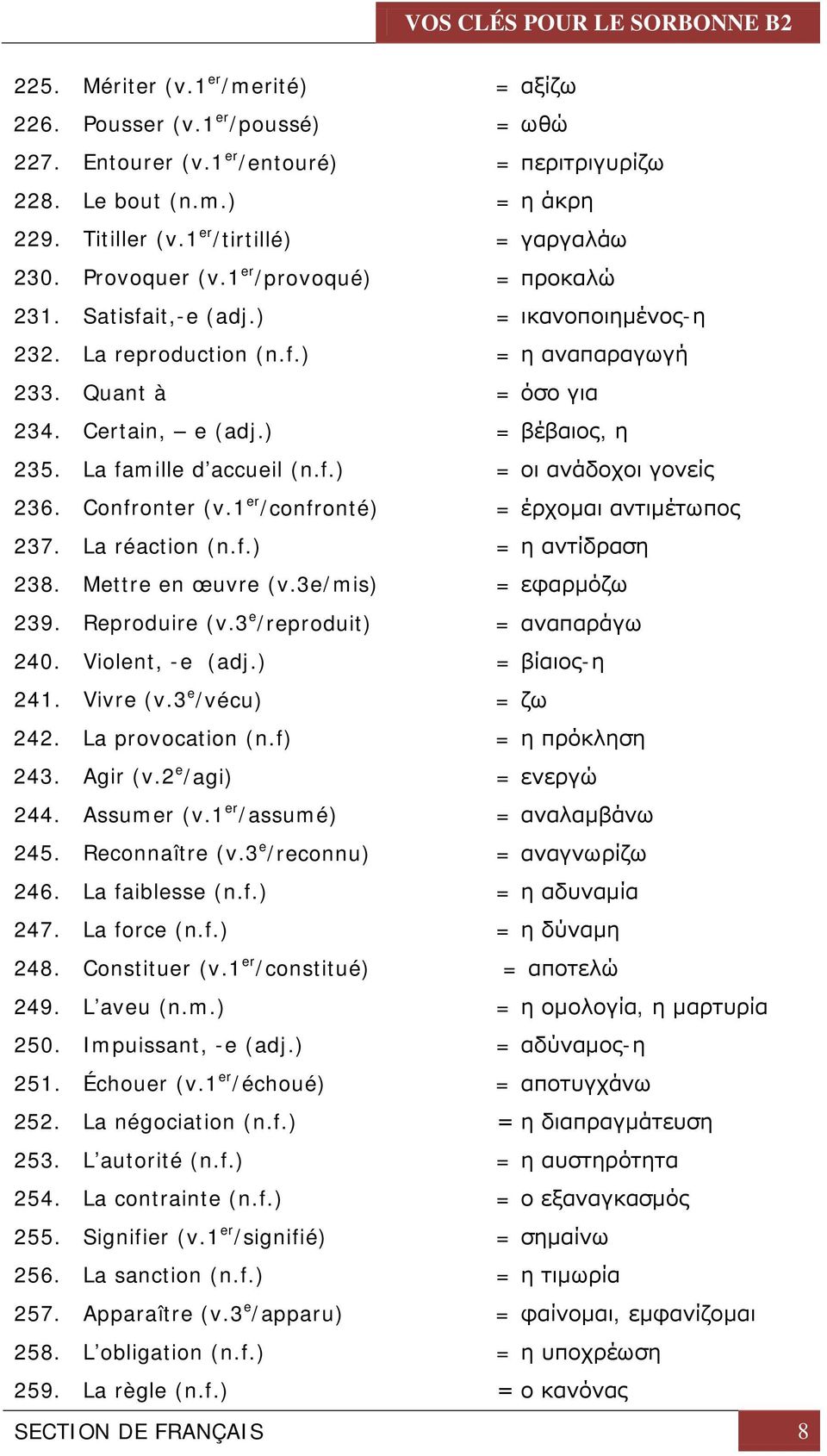 La famille d accueil (n.f.) = οι ανάδοχοι γονείς 236. Confronter (v.1 er /confronté) = έρχομαι αντιμέτωπος 237. La réaction (n.f.) = η αντίδραση 238. Mettre en œuvre (v.3e/mis) = εφαρμόζω 239.