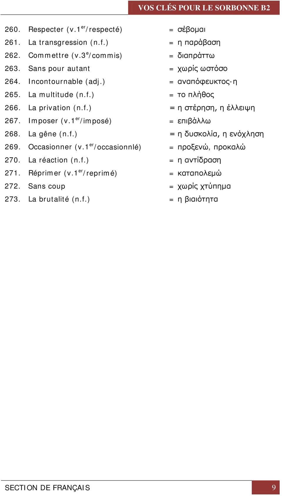 Imposer (v.1 er /imposé) = επιβάλλω 268. La gêne (n.f.) = η δυσκολία, η ενόχληση 269. Occasionner (v.1 er /occasionnlé) = προξενώ, προκαλώ 270.