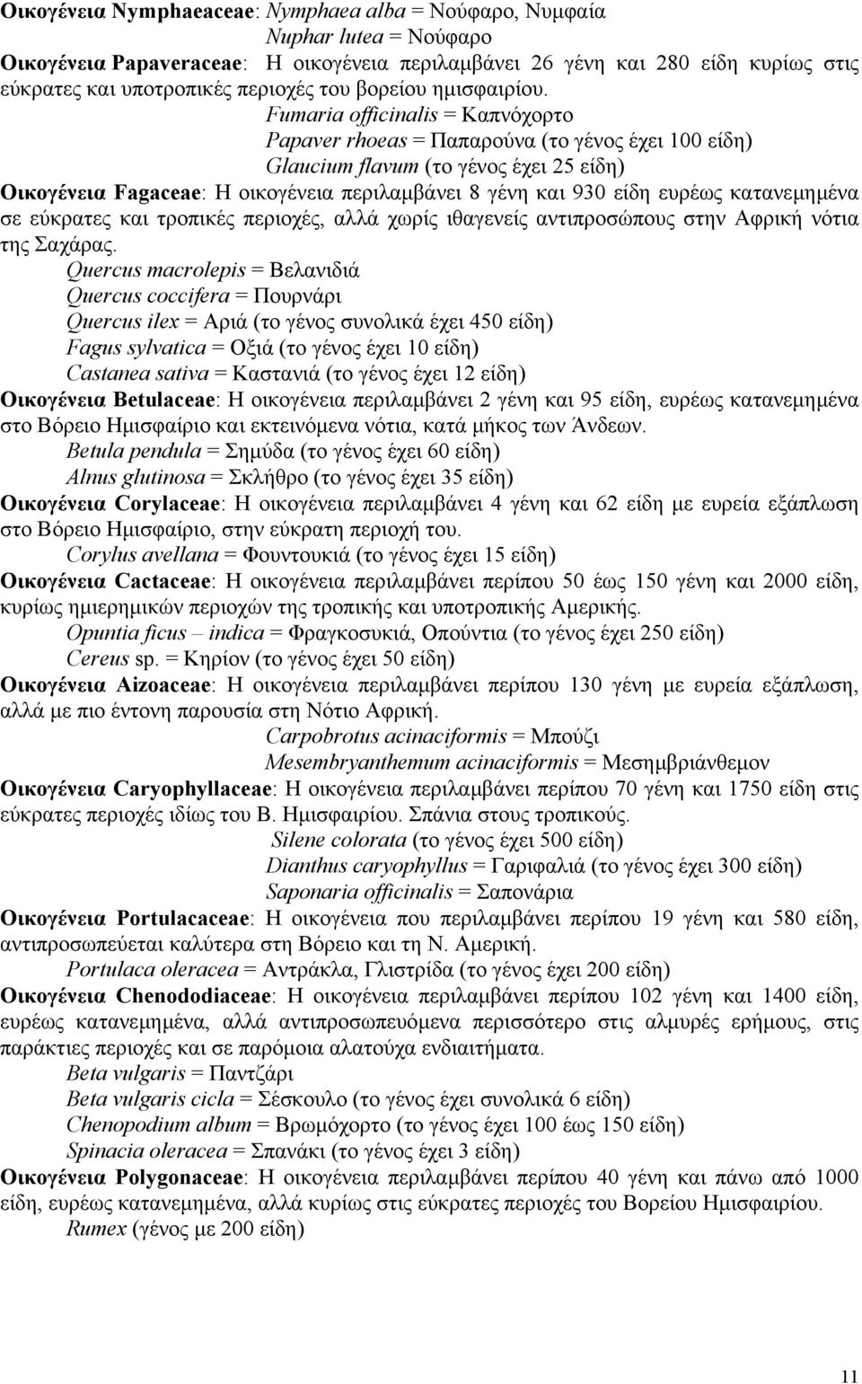 Fumaria officinalis = Καπνόχορτο Papaver rhoeas = Παπαρούνα (το γένος έχει 100 είδη) Glaucium flavum (το γένος έχει 25 είδη) Οικογένεια Fagaceae: Η οικογένεια περιλαµβάνει 8 γένη και 930 είδη ευρέως