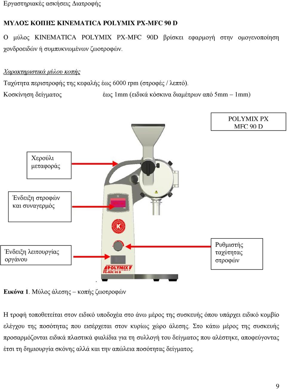Κοσκίνηση δείγματος έως 1mm (ειδικά κόσκινα διαμέτρων από 5mm 1mm) POLYMIX PX MFC 90 D Χερούλι μεταφοράς Ένδειξη στροφών και συναγερμός Ένδειξη λειτουργίας οργάνου Ρυθμιστής ταχύτητας στροφών Εικόνα