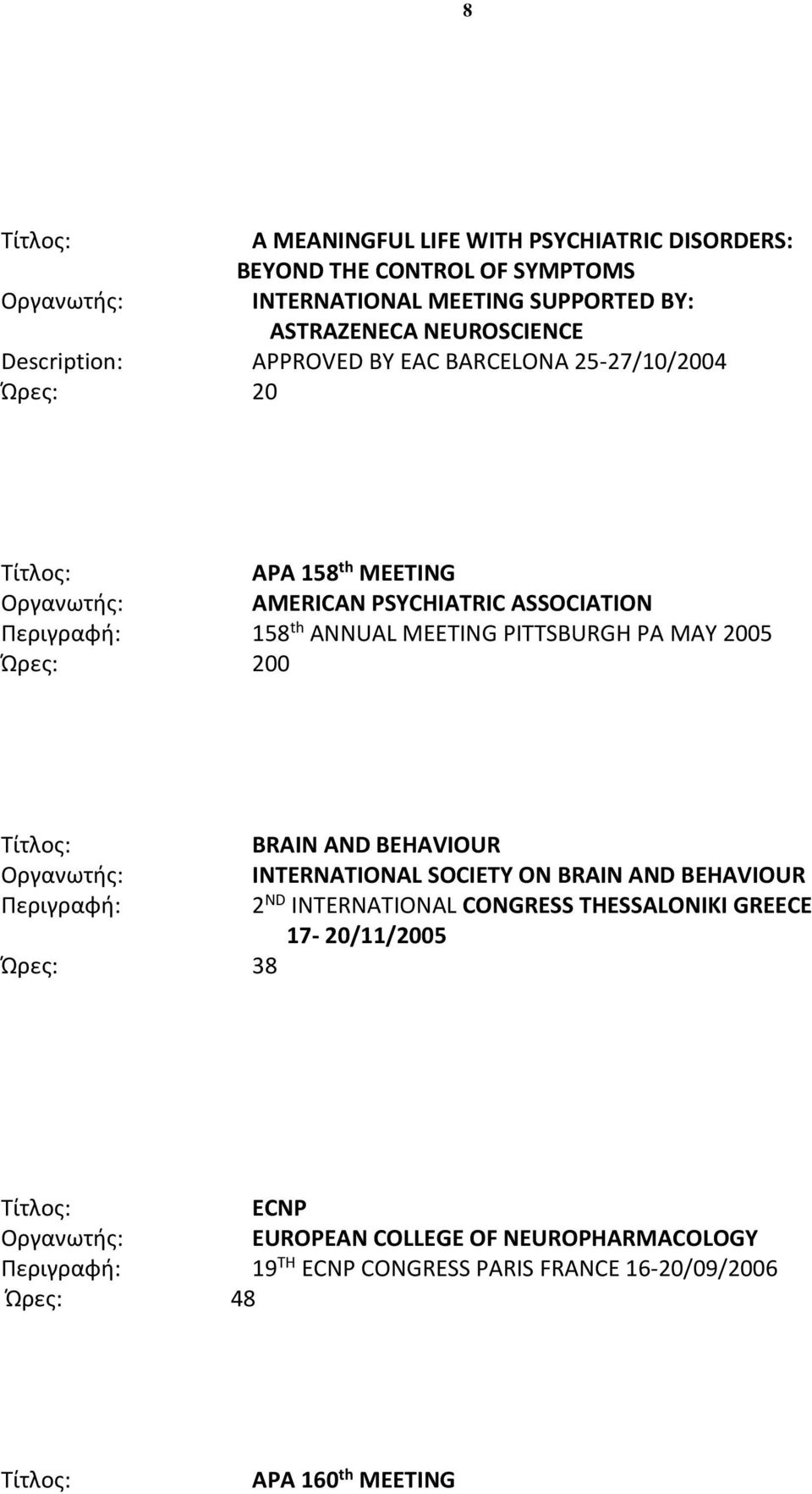 PITTSBURGH PA MAY 2005 Ώρες: 200 BRAIN AND BEHAVIOUR INTERNATIONAL SOCIETY ON BRAIN AND BEHAVIOUR Περιγραφή: 2 ND INTERNATIONAL CONGRESS