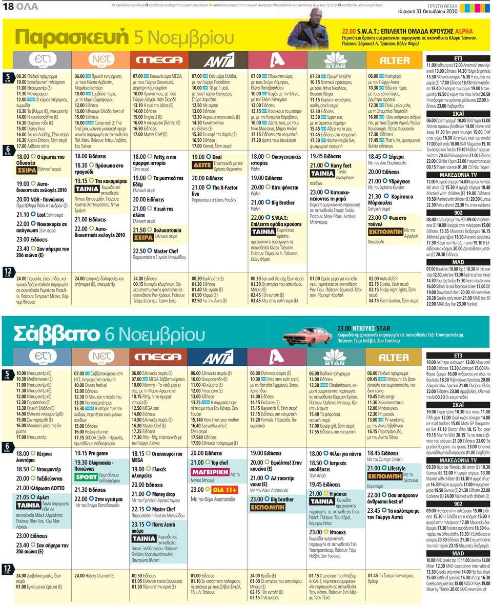 00 Αυτοδιοικητικές εκλογές 2010 20.00 ΝΟΒ - Πανιώνιος Πρωτάθλημα Πόλο Α1 ανδρών (Ζ) 21.10 Lost Ξένη σειρά 22.00 Νοικοκυρές σε απόγνωση Ξένη σειρά 23.00 Ειδήσεις 23.40 Σαν σήμερα τον 20ό αιώνα (Ε) 24.