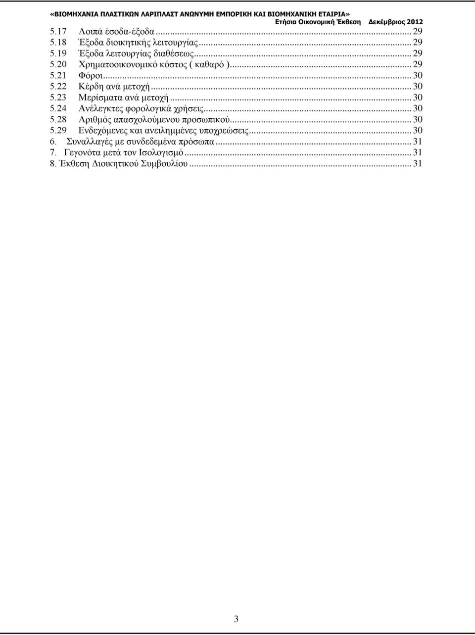 .. 30 5.28 Αριθμός απασχολούμενου προσωπικού... 30 5.29 Ενδεχόμενες και ανειλημμένες υποχρεώσεις... 30 6.