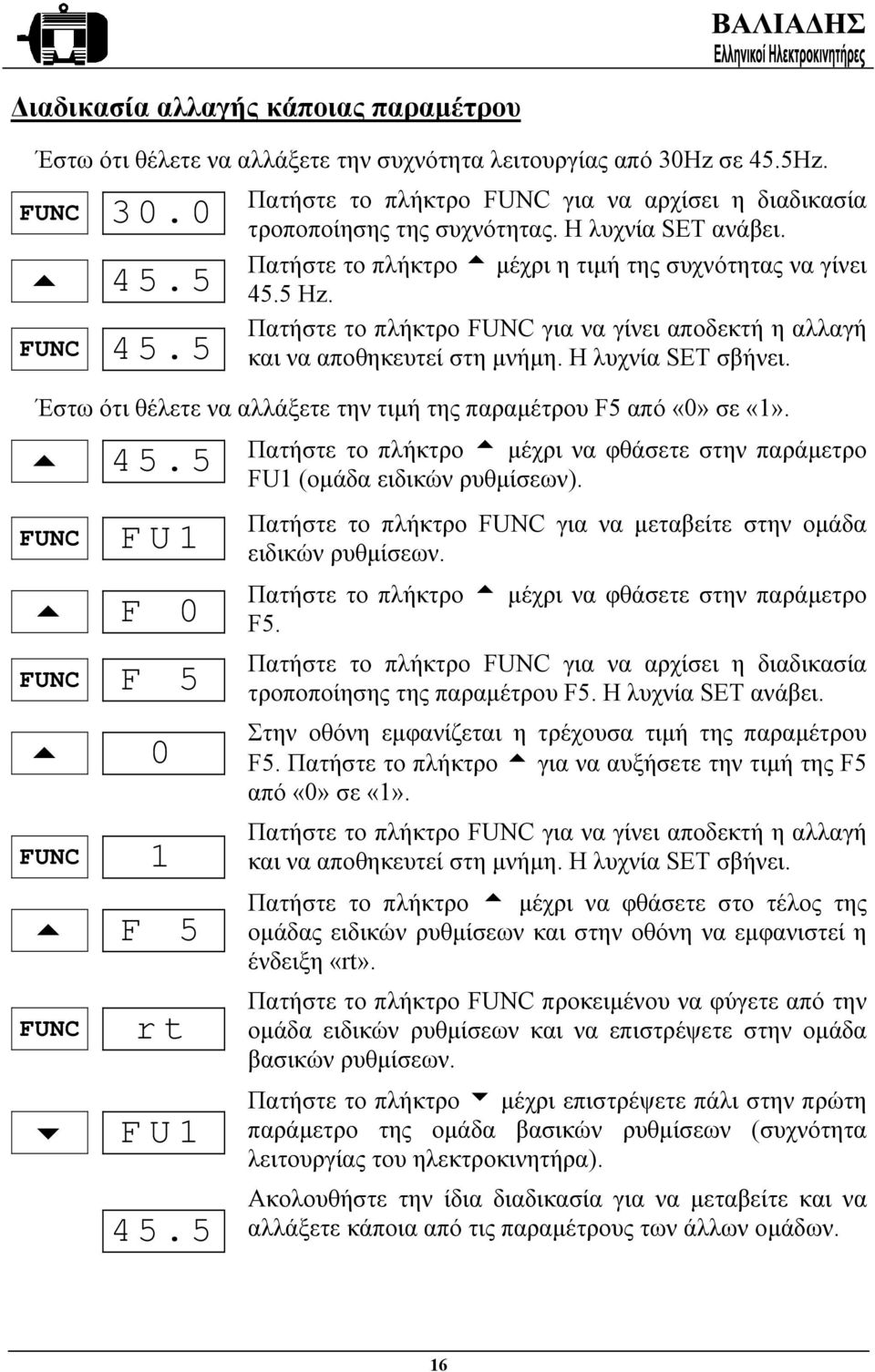 Πατήστε το πλήκτρο FUNC για να γίνει αποδεκτή η αλλαγή και να αποθηκευτεί στη µνήµη. Η λυχνία SET σβήνει. Έστω ότι θέλετε να αλλάξετε την τιµή της παραµέτρου F5 από «0» σε «1». 5 45.