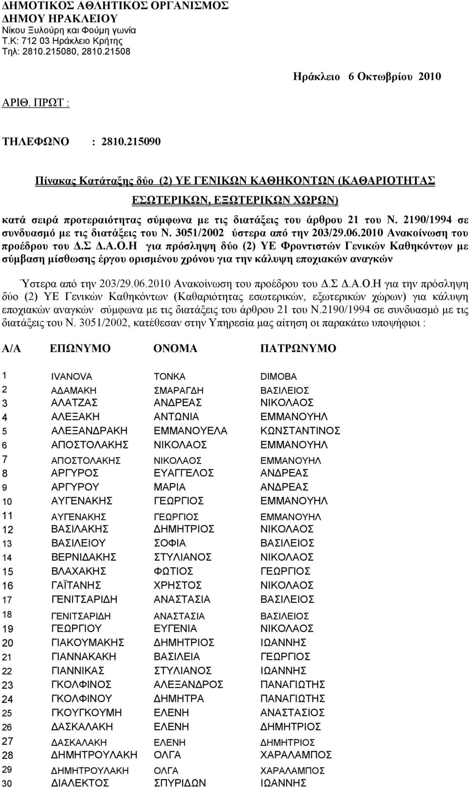 2190/1994 σε συνδυασμό με τις διατάξεις του Ν. 3051/2002 ύστερα από την 203/29.06.2010 Ανακοίνωση του προέδρου του Δ.Σ Δ.Α.Ο.