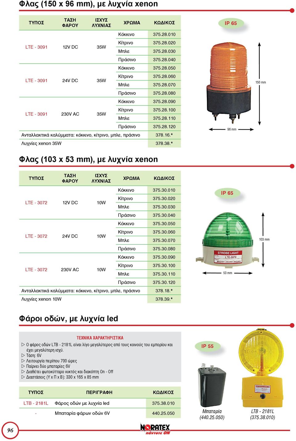 * Λυχνίες xenon 35W 378.38.* 96 mm 150 mm Φλας (103 x 53 mm), με λυχνία xenon Κόκκινο 375.30.010 LTE - 3072 12V DC 10W Κίτρινο 375.30.020 Μπλε 375.30.030 Πράσινο 375.30.040 Κόκκινο 375.30.050 LTE - 3072 24V DC 10W Κίτρινο 375.