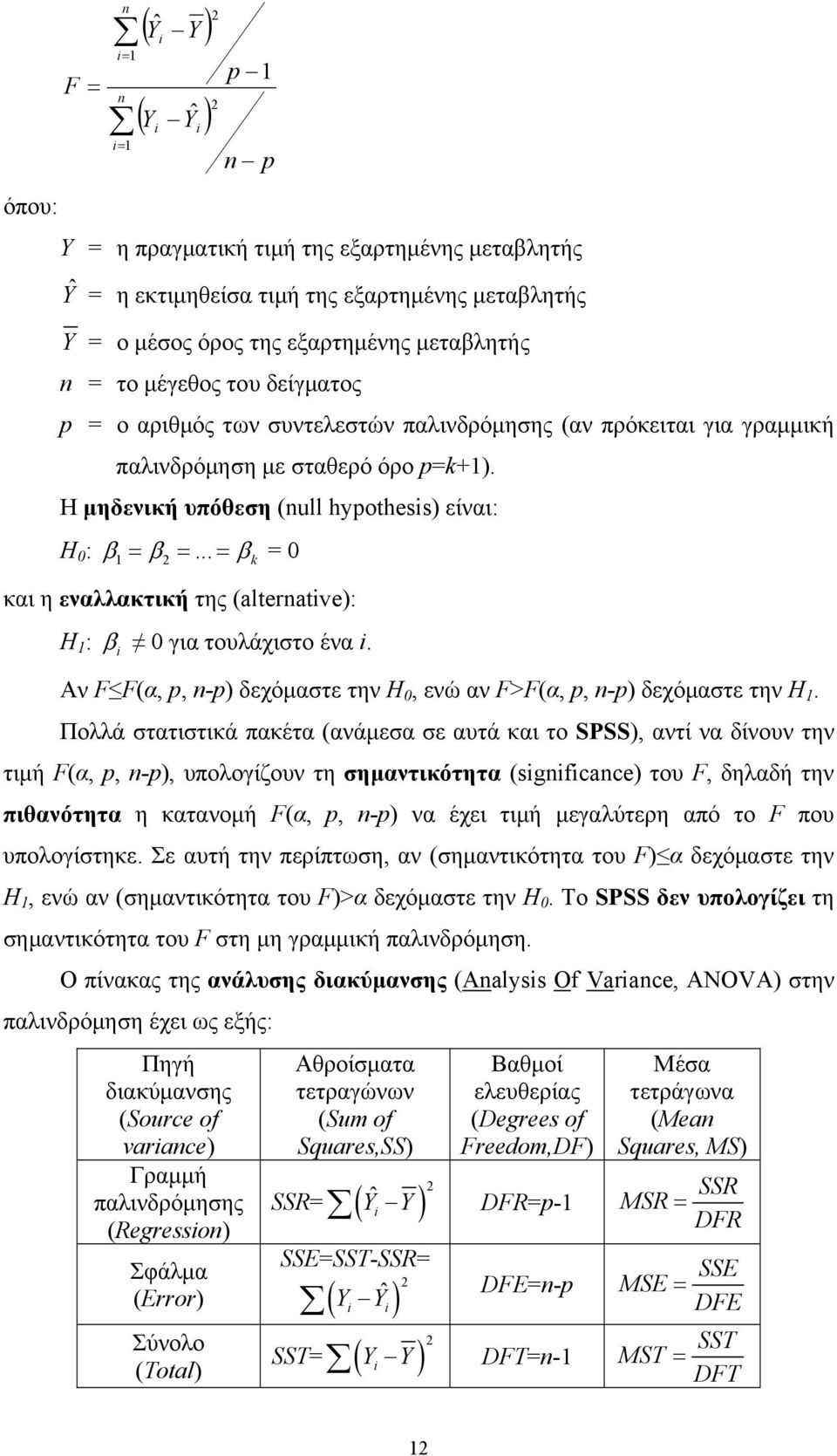 .. = βk = 0 και η εναλλακτική της (alternatve): Η 1 : β 0 για τουλάχιστο ένα. Αν F F(α, p, n-p) δεχόμαστε την Η 0, ενώ αν F>F(α, p, n-p) δεχόμαστε την Η 1.