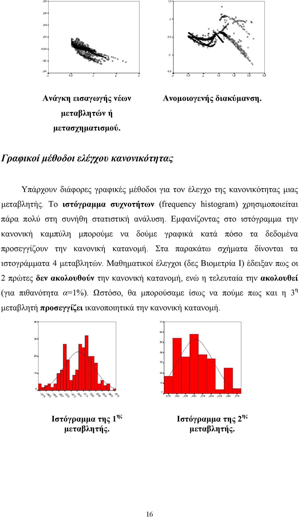 Εμφανίζοντας στο ιστόγραμμα την κανονική καμπύλη μπορούμε να δούμε γραφικά κατά πόσο τα δεδομένα προσεγγίζουν την κανονική κατανομή. Στα παρακάτω σχήματα δίνονται τα ιστογράμματα 4 μεταβλητών.