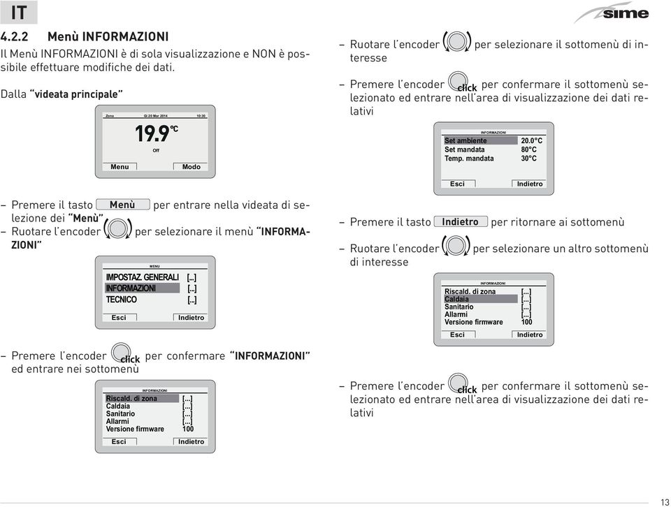 visualizzazione dei dati relativi Off Modo INFORMAZIONI Set ambiente 20.0 C Set mandata 80 C Temp.