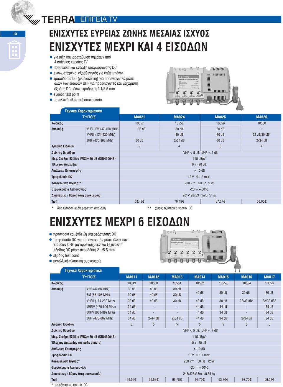 5 mm έξοδος test point μεταλλική-πλαστική συσκευασία ΤΥΠΟΣ MA021 MA024 MA025 MA026 Κωδικός 10557 10558 10559 10560 Απολαβή VHFI+FM (47-108 MHz) 30 db 30 db 30 db - VHFIII (174-230 MHz) 30 db 30 db 22